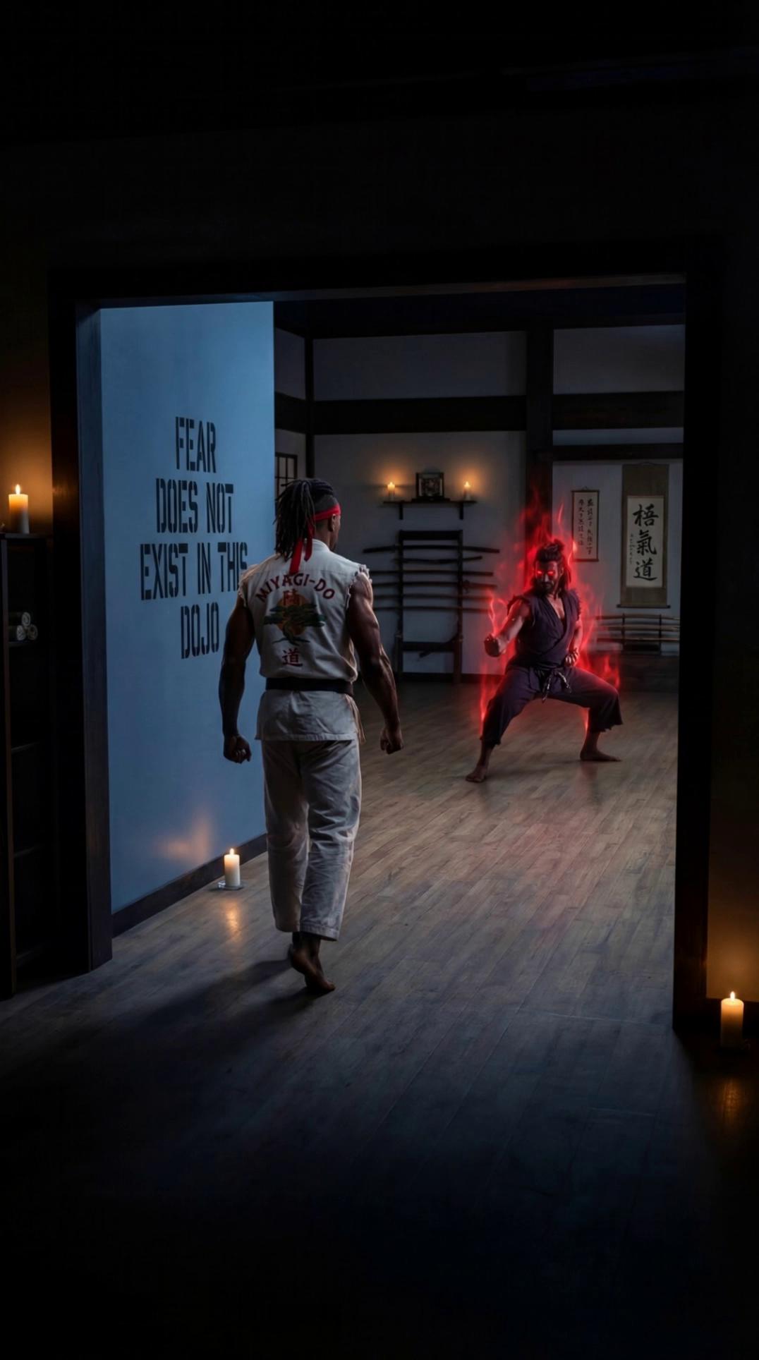 Prompt: Cinematic night scene inside a traditional Japanese dojo lit by warm candlelight. Wooden floors reflecting soft golden light, weapons neatly mounted on the walls. The words “Fear does not exist in this dojo” painted boldly on the wall.A muscular martial artist in a white gi with a red headband (Miyagi-Do emblem on the back) slowly walks barefoot across the polished wooden floor toward a shadowed opponent. His fists are clenched, shoulders tense, breathing steady. Camera follows from behind at low angle, slow tracking shot, dramatic tension building.Ahead of him, a dark warrior crouches in a fighting stance, surrounded by a swirling red, fiery aura that flickers and pulses like living energy. The red glow casts dramatic highlights and shadows across the dojo.As the man in white takes his final step forward, . The red aura intensifies, crackling with energy.Suddenly — a blinding white flash fills the screen, accompanied by a shockwave of light and dust sweeping across the floor. The candles flicker violently.Cut to black.Cinematic lighting, ultra-realistic, high detail, dramatic slow motion, volumetric lighting, dynamic shadows, 4K, intense atmosphere, epic confrontation buildup. Have him face the opponent the entire time