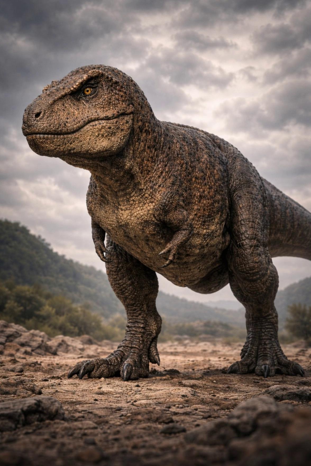 Prompt: Ultra-realistic cinematic video of an adult Tyrannosaurus rex roaring in a Late Cretaceous landscape, massive muscular body covered in detailed pebbled scales, subtle scar textures, lizard-like lips pulled back as it roars, deep vibrating throat movement, amber predatory eyes, saliva strands stretching between sharp serrated teeth.The camera starts low near the rocky ground, shallow depth of field, dust particles drifting in the air. As the T. rex steps forward, the earth trembles slightly, small rocks shift. Slow dramatic camera push-in toward its head as it opens its jaws wide and releases a thunderous roar.Overcast storm clouds rolling overhead, dramatic natural lighting, soft sunlight breaking through clouds creating rim light along its back. Distant Cretaceous forest and misty hills in the background. Wind moving light vegetation and dust.Hyper-detailed textures, cinematic realism, 8K resolution, volumetric lighting, subtle motion blur, realistic muscle movement under skin, documentary style similar to BBC prehistoric wildlife cinematography.