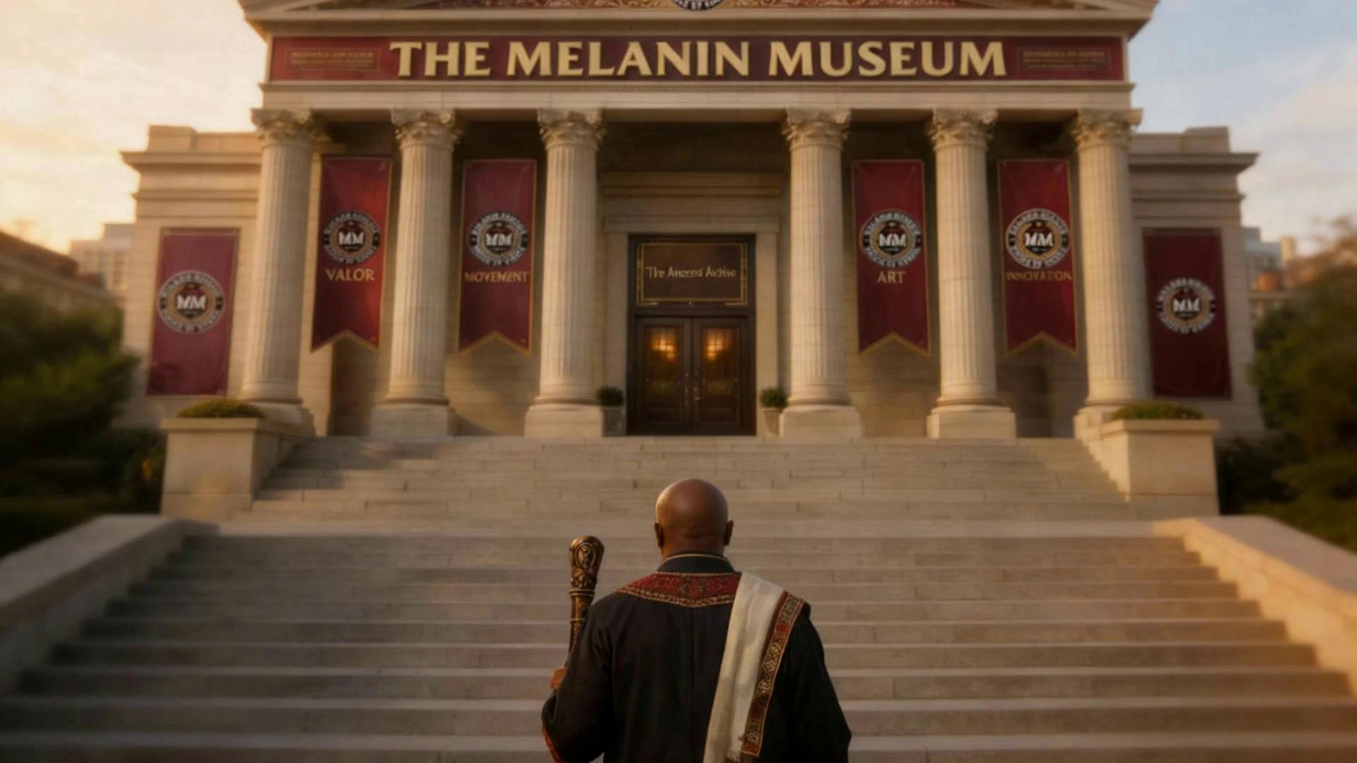 Prompt: “Medium full-body follow shot. The Griot climbs the museum stairs with calm purpose, holding his carved walking staff in one hand and wearing the modernized dashiki/robe with West African trim and leather satchel labeled ‘Ancestral Archive.’ The Melanin Museum entrance grows closer in the background. Natural walking gait, realistic foot placement, cinematic lighting, luxury museum tone.”
Camera: gentle tracking upward behind/3-quarter angle

Keep staff visible but not blocking face