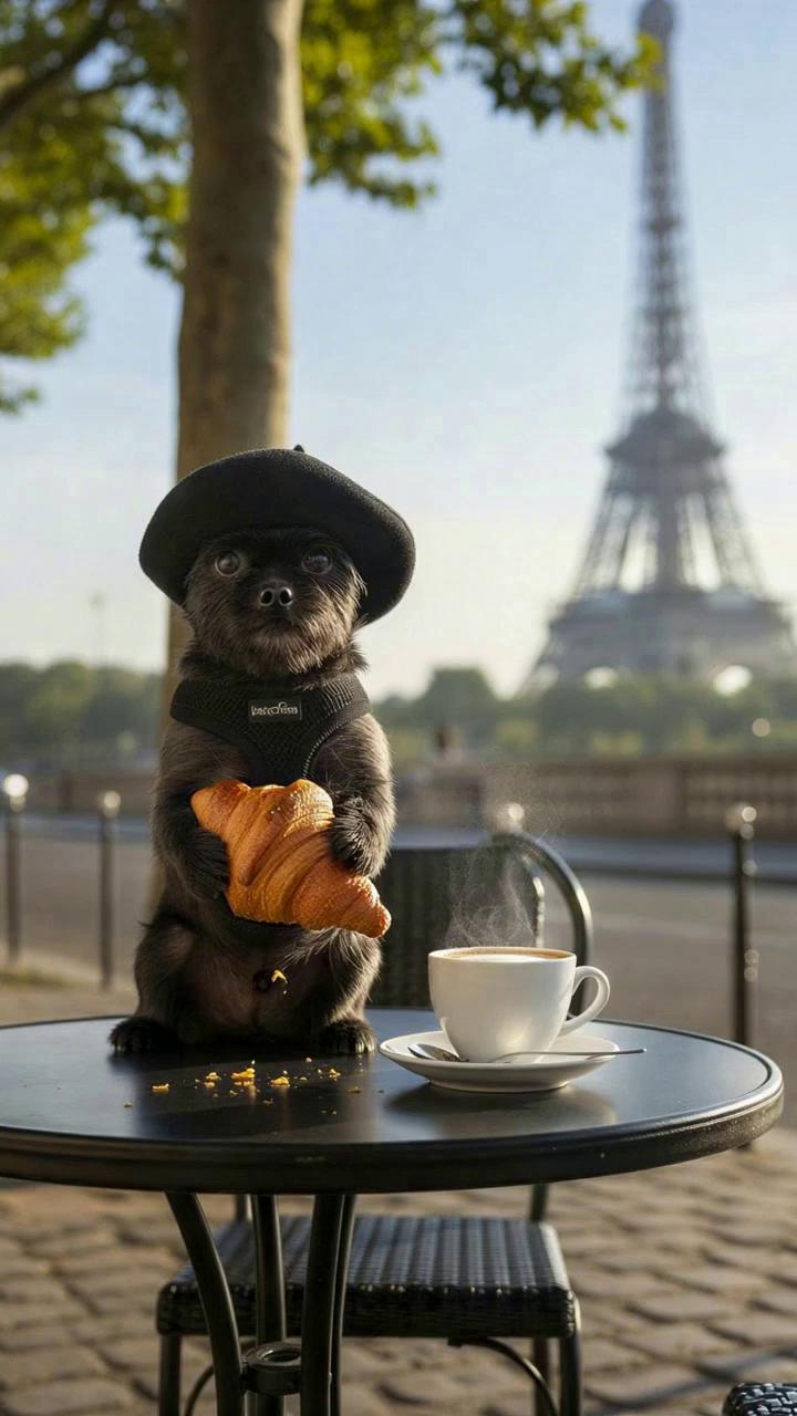 Prompt: make him eat the croissant and sip the coffee in asmr