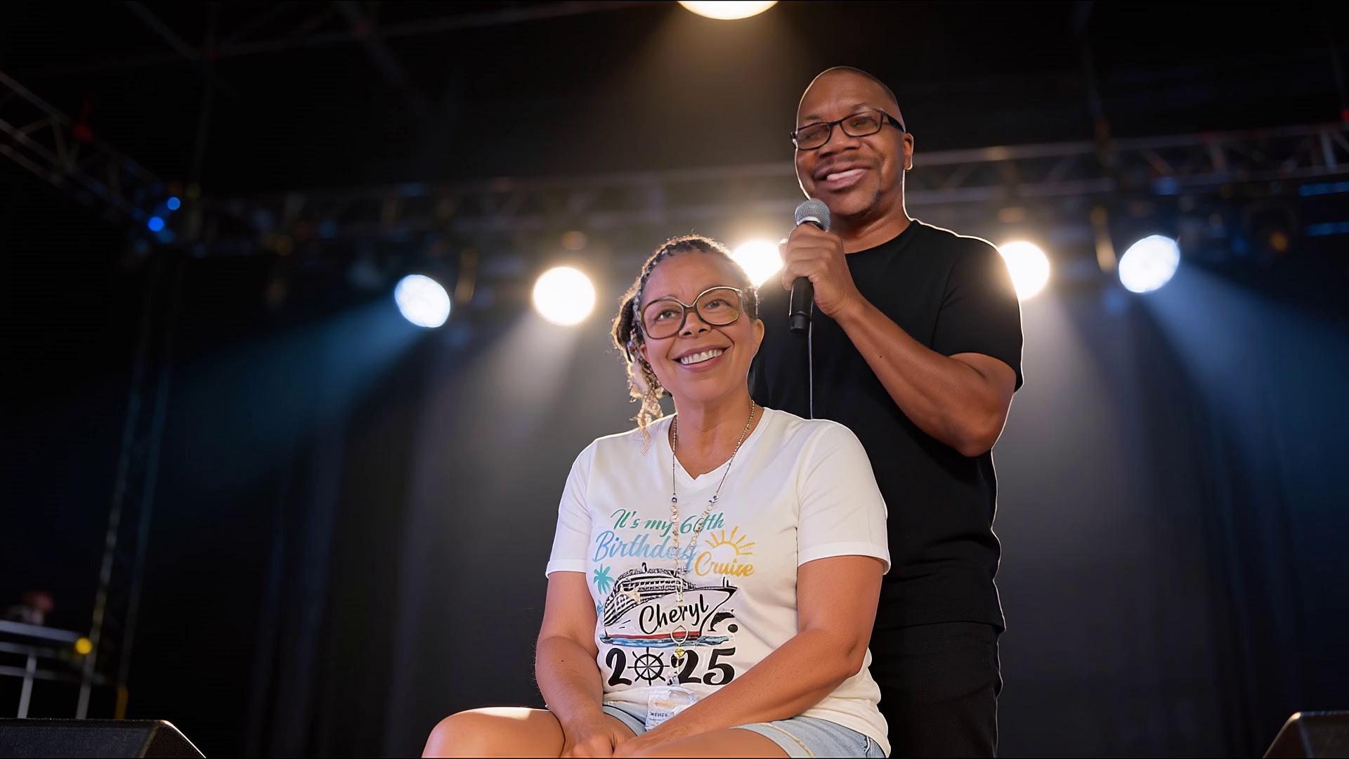 Prompt: Man on stage is singing a Motown type song to the lady on stage, the lady on stage walks over to the right of the stage, changes her clothing and re-joins the man on stage. The lighting on stage remines the same. 