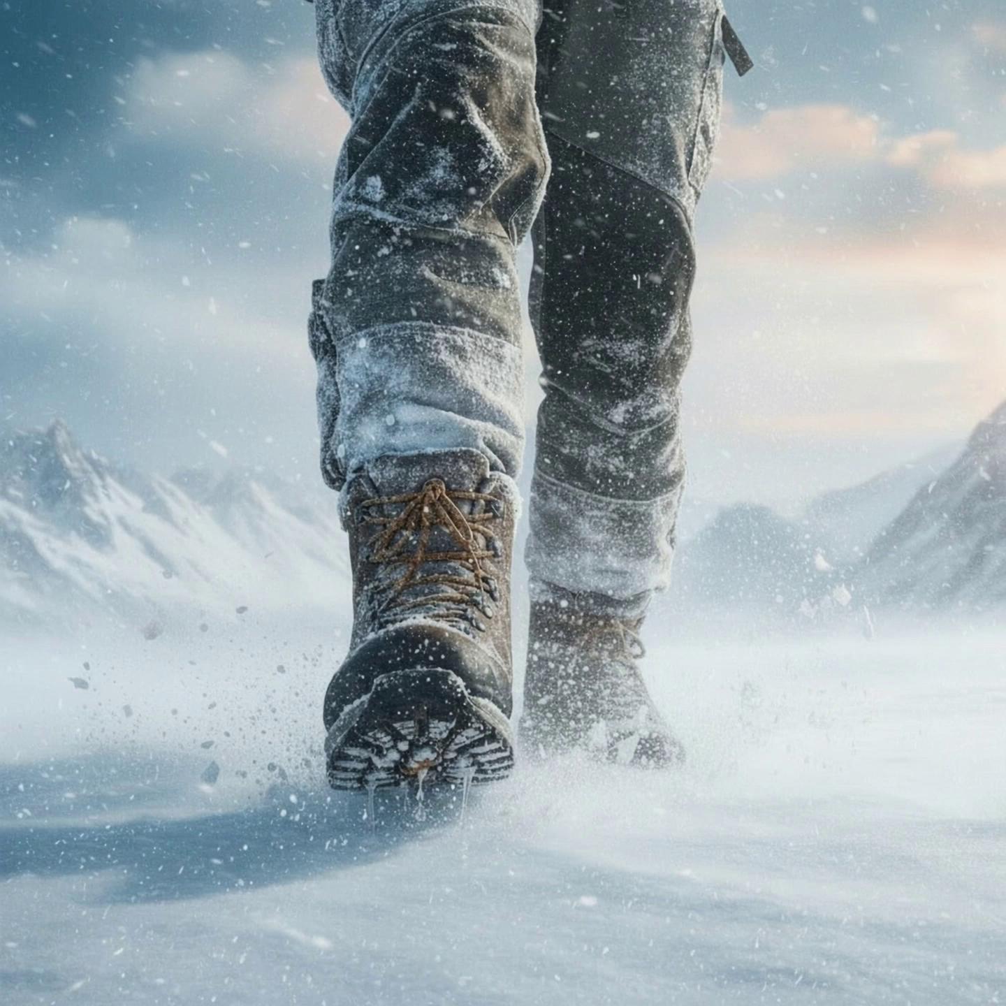 Prompt: des bottes marchent dans la neige pendant une violente tempete.
details sur la neige soulevée par les bottes.
Détails pentalon; bottes; lacets qui bouge; plis dans le tissus du pentalon.

Caméra recule a ras du sol ; details neige et glace balayees par le vent.


hyperrealiste;
beaucoup de details pentalons; bottes;  details de neige et de glace sur les bottes et les pattes de l'ours

The overall tone is hyper-realistic, 8K detail, shallow depth of field, realistic skin texture, cinematic lighting, soft focus background, rainy ambiance.

Style: Realistic, emotional, cinematic tone, soft blue and orange color contrast