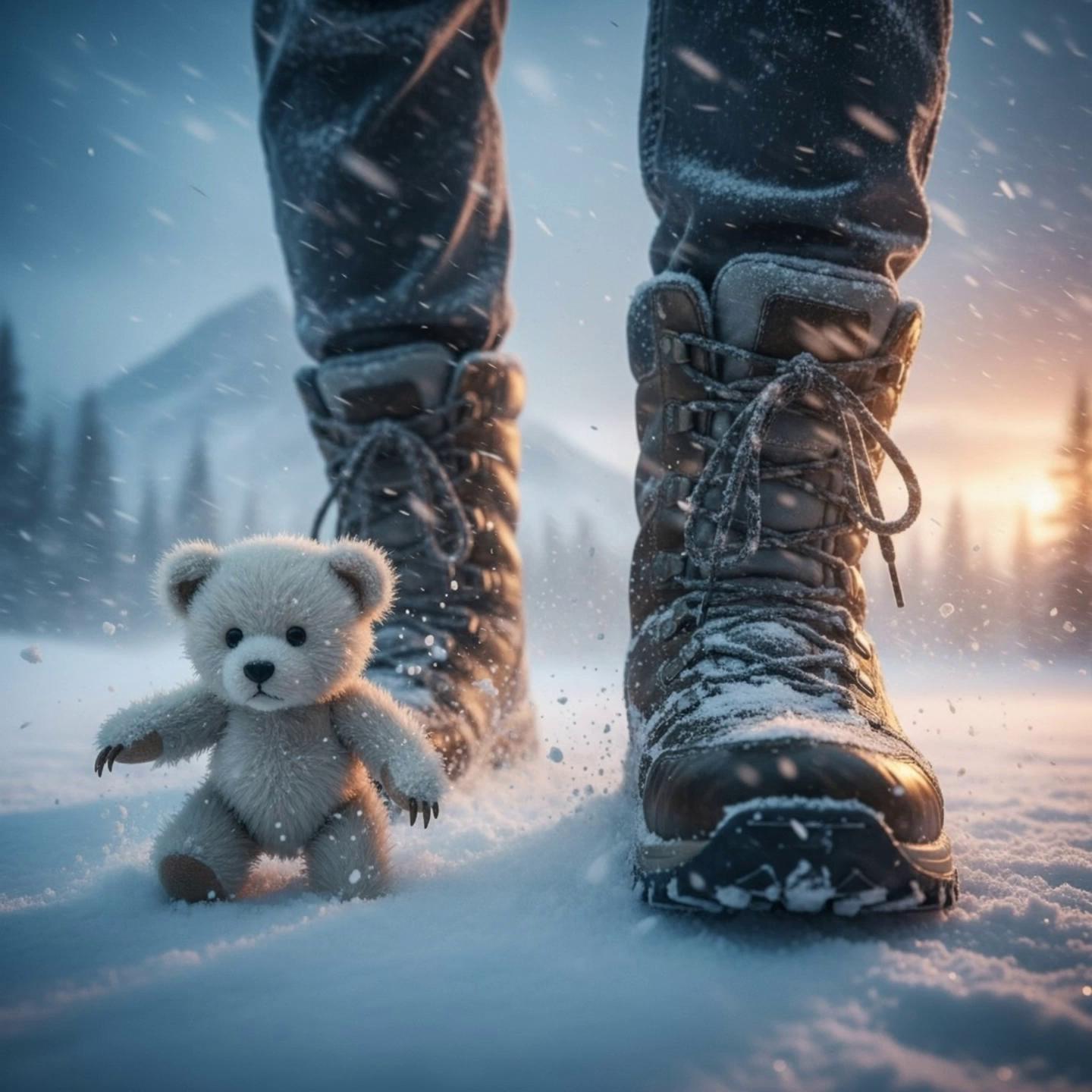 Prompt: un ourson blanc galope avec fluidité sur 4 pattes vers la camera qui recule dans la neige ; derriere lui des bottes marchent tres doucement.


details sur  l'ours , la neige soulevée par les pattes et les bottes; detail du vent; beaucoup de neige tres detaillées se soulevent sous les pas.
les lacets des bottes bougent; 

camera raz de la neige; objectif 18mm

hyperrealiste;
details vetements; bottes;  details de neige et de glace sur les bottes et les pattes de l'ours

The overall tone is hyper-realistic, 8K detail, shallow depth of field, realistic skin texture, cinematic lighting, soft focus background, rainy ambiance.

Style: Realistic, emotional, cinematic tone, soft blue and orange color contrast