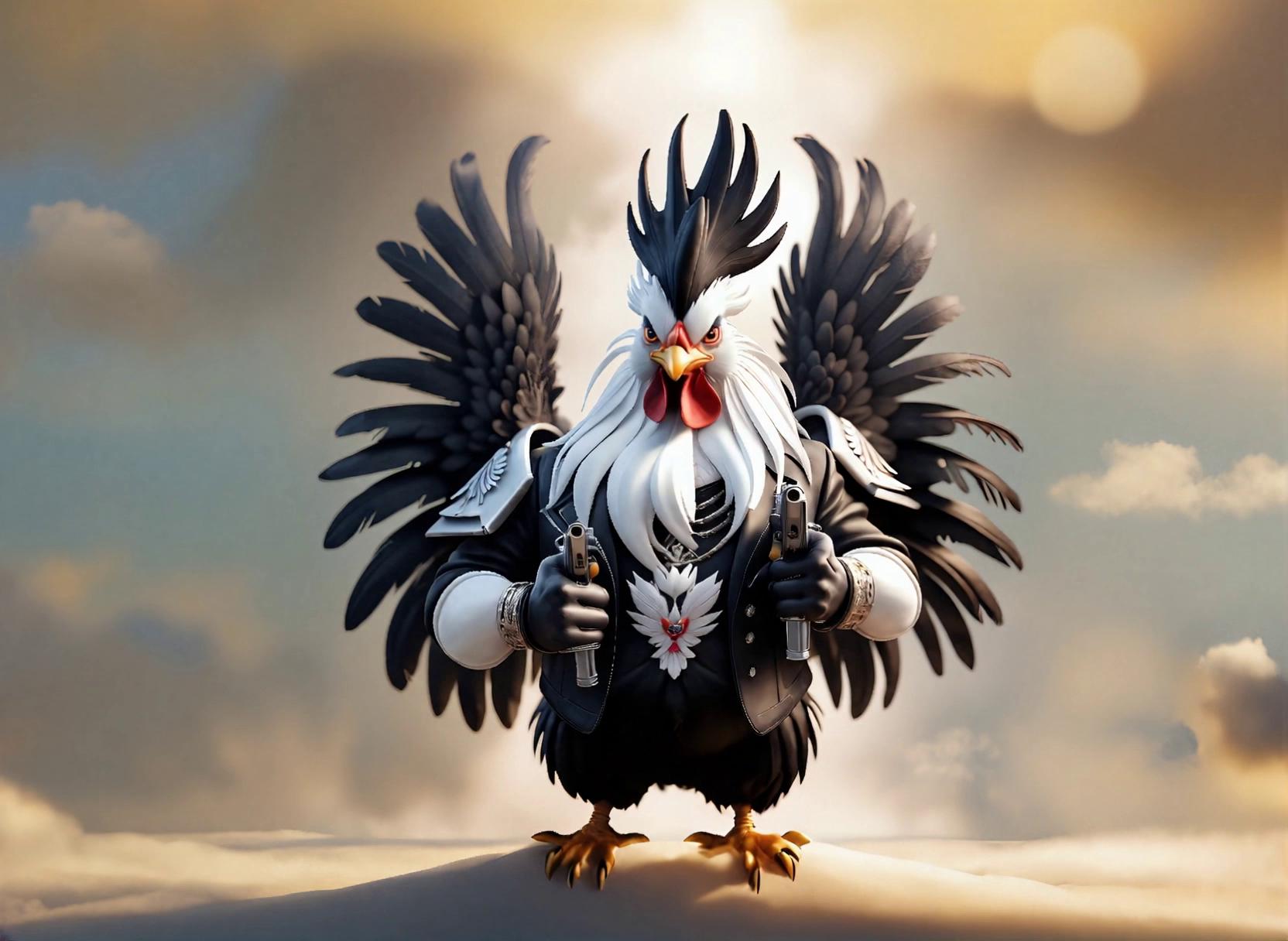 Prompt: the chicken is firing off his guns wildly