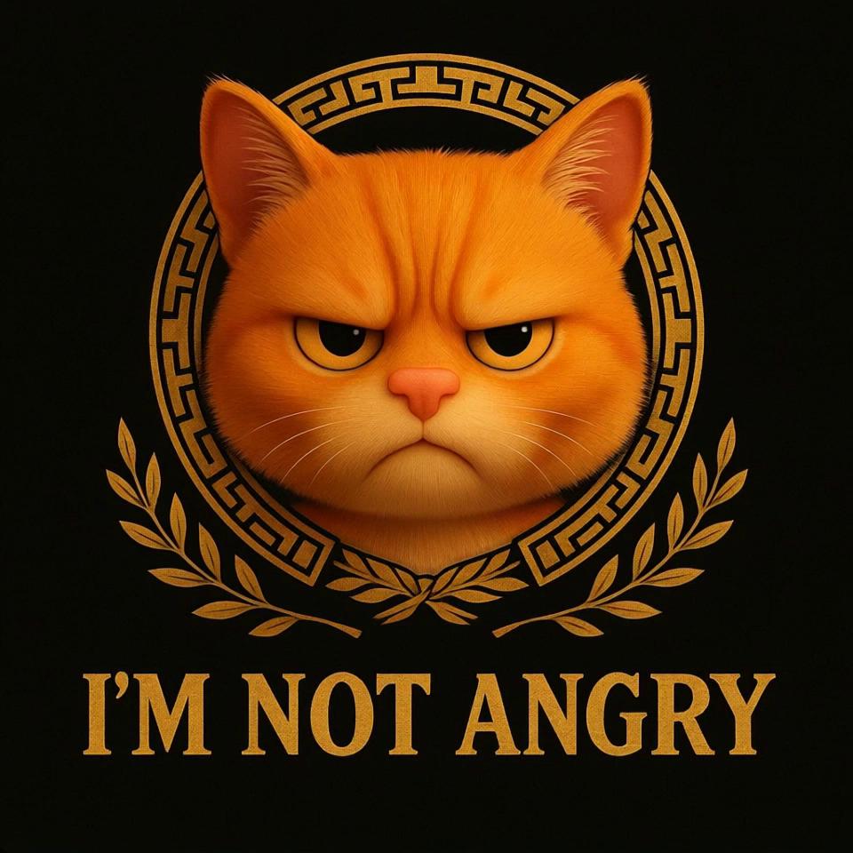 Prompt: A 5-second cinematic logo animation inspired by the classic MGM intro. 
In the center is a 3D animated orange tabby cat with a slightly angry but adorable expression — not scary, just pouty and grumpy-cute. 
The cat blinks slowly and tilts its head just a bit, looking directly at the viewer. 
Surrounding it is a golden film-reel frame, glowing subtly. 
At the bottom, the text "I'M NOT ANGRY" fades in dramatically in bold serif letters. 
The lighting is warm and cinematic, with gentle gold highlights and soft shadows. 
Background is dark and elegant. 
A soft, humorous cat purr or sigh plays instead of a lion roar.
The overall tone is playful, charming, and visually polished — not aggressive, but expressive.