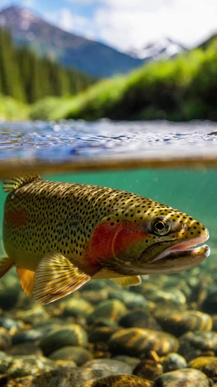 Prompt: Prompt: Underwater and over-under shot combination. Close-up view of a beautiful native Cutthroat Trout with vibrant colors in a clear mountain stream in Wyoming. The shot transitions to show a fly fisherman's hand gently releasing the trout back into the water. Then, a slow-motion shot of a dry fly (a Chubby Chernobyl) landing softly on the water's surface, creating ripples, as a trout rises to take it. Sharp focus, high dynamic range, realistic water refraction, captures the thrill of catch and release.