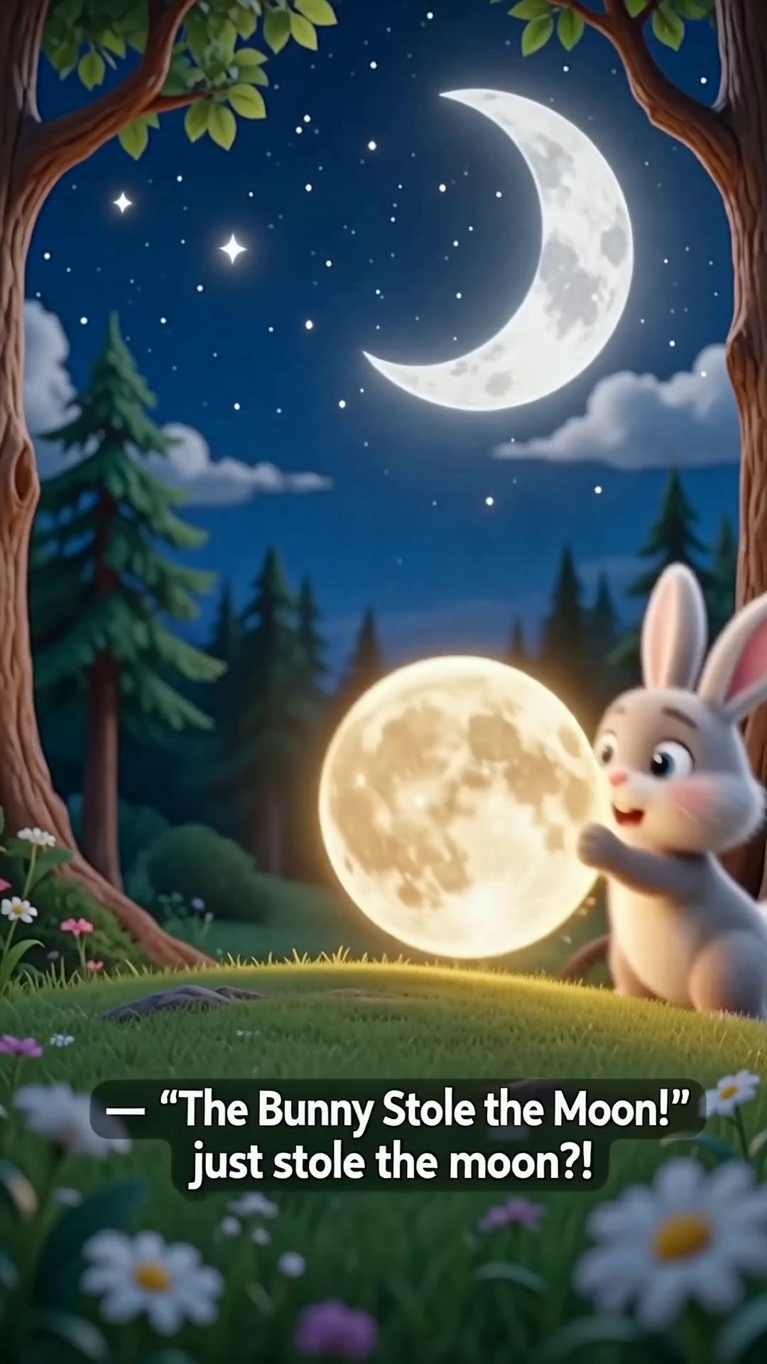 Prompt: 🐰🌙 “The Bunny Stole the Moon!” — 20 sec

Format: 9:16 vertical | 3D cartoon | No text

0–3 sec — HOOK

A tiny bunny jumps onto a hill and grabs the glowing moon.

Narrator: “WAIT! The bunny just stole the moon?!”

3–6 sec

The whole forest suddenly becomes dark. A little fox looks terrified.

Fox: “Bunny! Give it back!”

6–10 sec

The bunny hugs the moon. Suddenly, the moon starts shrinking!

Bunny: “Uh-oh… I broke the moon!”

10–14 sec

Thousands of glowing stars fall from the sky. One star lands on the bunny’s head and starts growing HUGE!

14–17 sec

The bunny screams and throws the moon back into the sky.

Bunny: “TAKE IT! TAKE IT!”

17–20 sec — TWIST

The giant star turns into a tiny cute kitten. 🐱✨

Fox: “You made a friend!”

The bunny smiles. POP! ✨



“Use the image only as the starting frame; animate the characters naturally rather than recreating the image as a static shot.”



“Create seamless continuous motion between scenes. No frozen poses, no sudden jumps, no frame-to-frame morphing, no slideshow effect. Characters must move naturally with consistent body proportions and facial features. Maintain temporal consistency and smooth animation throughout.”