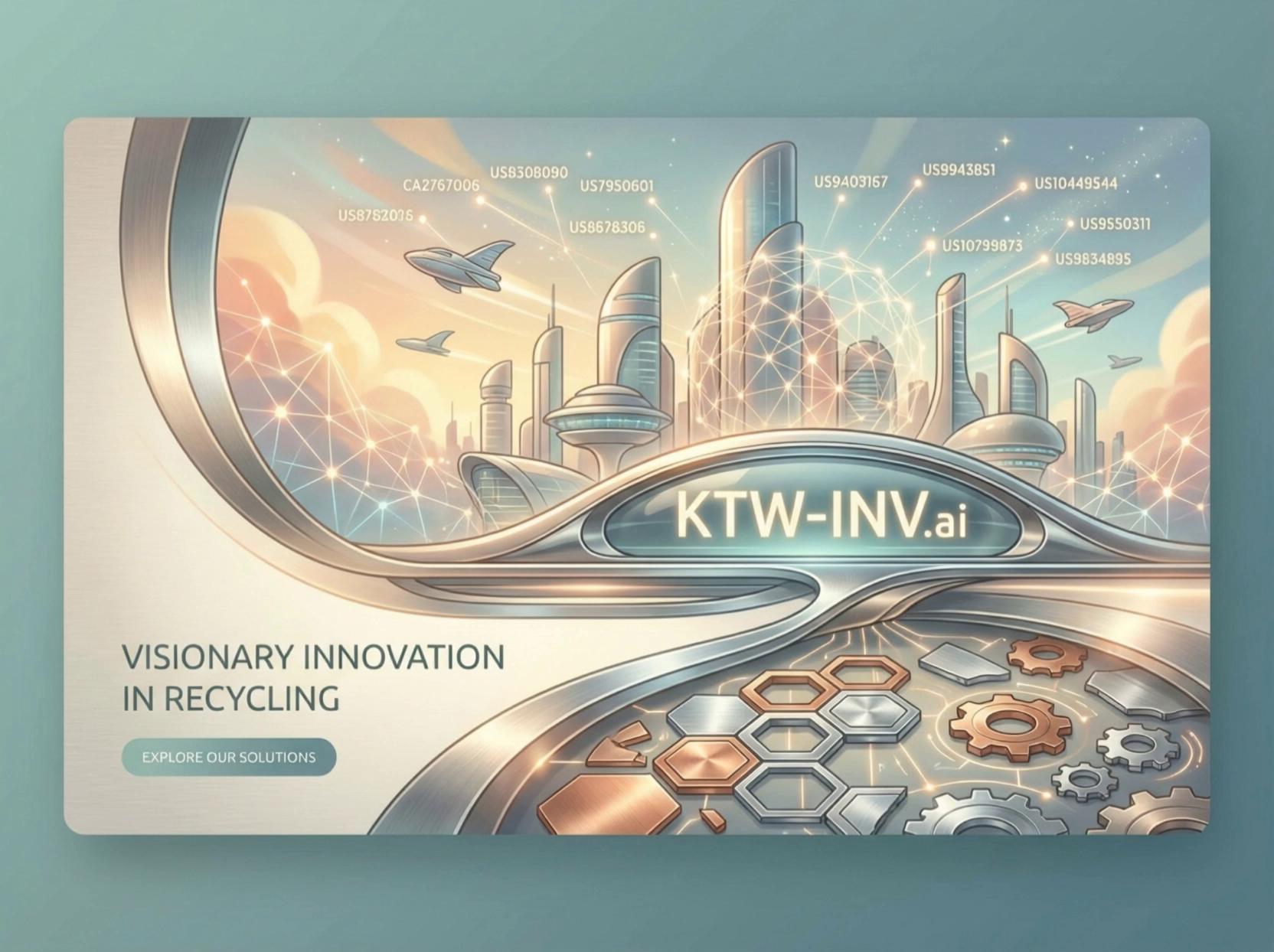 Prompt: I want the airplane to fly slowly. make the copper and aluminum shapes turn, and make it look like they are flowing in the river to the city in the background.  Make the geometric shapes in the skyline look slightly alive and glisten, make the patent numbers have a little bit of a shadow to make them easier to read. I would like for them to be actual links to the patent., Can you make it more realistic? I want the shot to stay steady, don't pan out. keep the aluminum and copper shapes and cogs in place but make them turn like gears.provide more color contrast to make the copper and aluminum pop