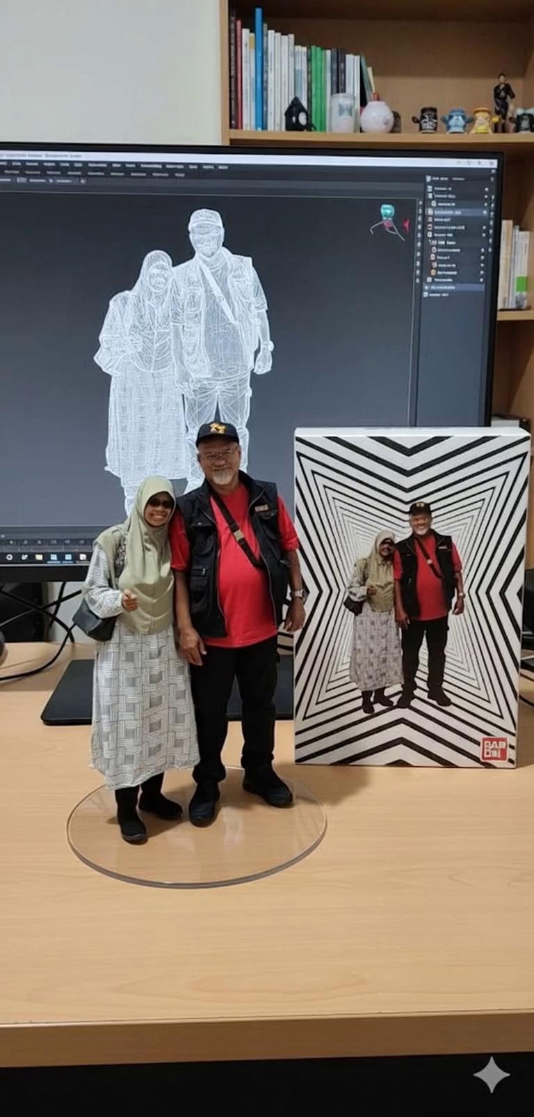 Prompt: Nure two hand gently pick up the figure on the frame and rotate it slightly for inpection.the model in the packaging box remain stationary, while all other background elements stay unchanged.