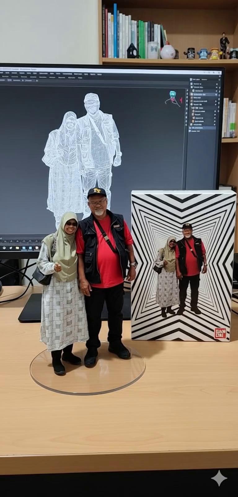 Prompt: Nure two hand gently pick up the figure on the frame and rotate it slightly for inpection.the model in the packaging box remain stationary, while all other background elements stay unchanged.