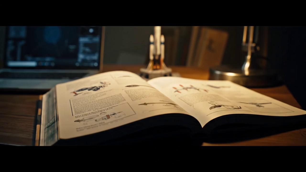 Prompt: Tilt up from the open book to the rocket, ending on the laptop screen.