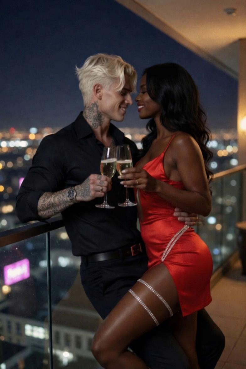 Prompt: Zoom in while couple is posting and kissing 
