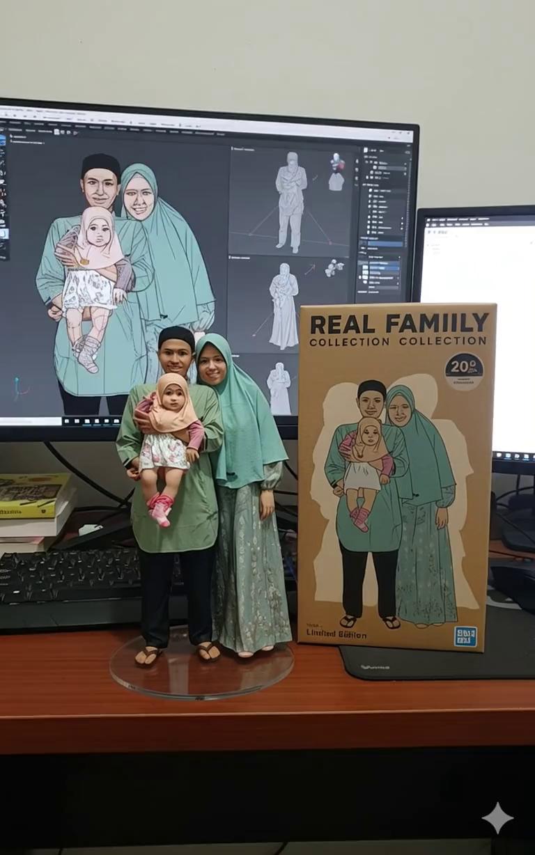 Prompt: Using the model, create a 1/7 scale commercialized  of the characters in the picture, in a realistic style, in a real environment. The figurine is placed on a computer desk. The figurine has a round transparent acrylic base, with no text on the base. The content on the computer screen is the Zbrush modeling process of this figurine. Next to the computer screen is a DESU-style toy packaging box printed with the original artwork. The packaging features two-dimensional flat illustrations.
