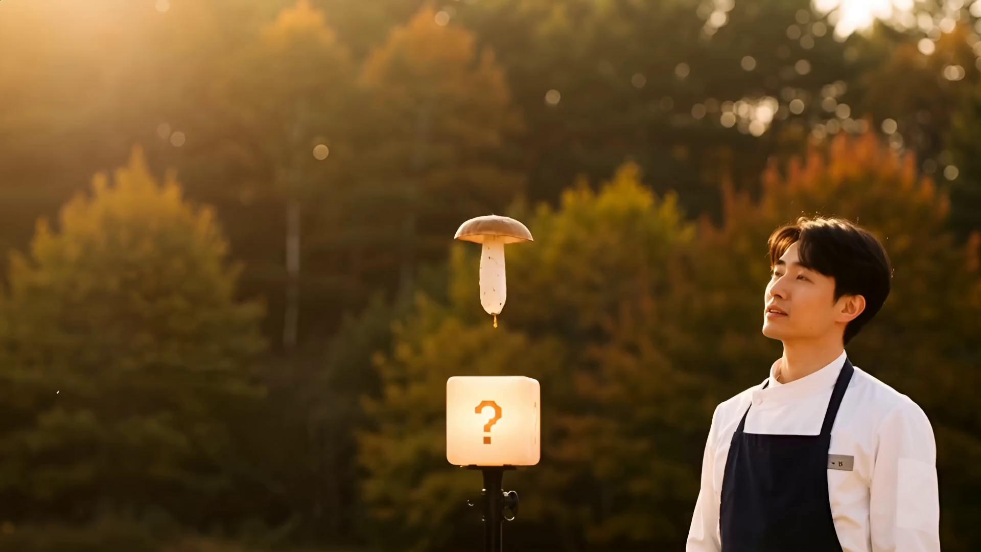 Prompt: **주제 (Subject):**A single, perfect shiitake mushroom and the glowing '?' block.**주제 설명 (Subject Description):**The mushroom is impossibly perfect: plump, with a beautiful, deep brown cap and a flawless pattern. The '?' block, still positioned above the chef's head (just out of frame), emits a soft, fading golden light from the recent impact.**주제 움직임 (Subject Movement):**Following a classic '띠링!' 8-bit sound effect, the mushroom is launched from the top of the block. It travels in a slow-motion, graceful parabolic arc across the frame, rotating gently. A faint trail of golden, pixelated particles follows its path.**장면 (Scene):**A medium shot centered on the mushroom's arc. The '?' block is visible in the lower portion of the frame, while the deep green and brown foliage of the forest provides a slightly out-of-focus background.**장면 설명 (Scene Description):**Outdoor scene, late afternoon. This shot is the immediate payoff to the previous scene's impact, capturing the magical 'item get' moment. The style continues the hyper-realistic-meets-retro-gaming aesthetic.**카메라 언어 (Camera Language):**Medium shot, low angle, looking up at the mushroom. The camera smoothly tilts and pans to follow the mushroom's arc in perfect slow motion, emphasizing its legendary quality.**조명 (Lighting):**The warm, golden late-afternoon sun acts as a strong backlight, creating a halo effect around the mushroom and highlighting its perfect silhouette. The block provides a soft, warm under-light, and the particle trail adds a magical sparkle.**분위기 (Mood/Atmosphere):**Magical, triumphant, and comedic. A sense of awe and wonder, mimicking the feeling of acquiring a rare item in a classic video game.
