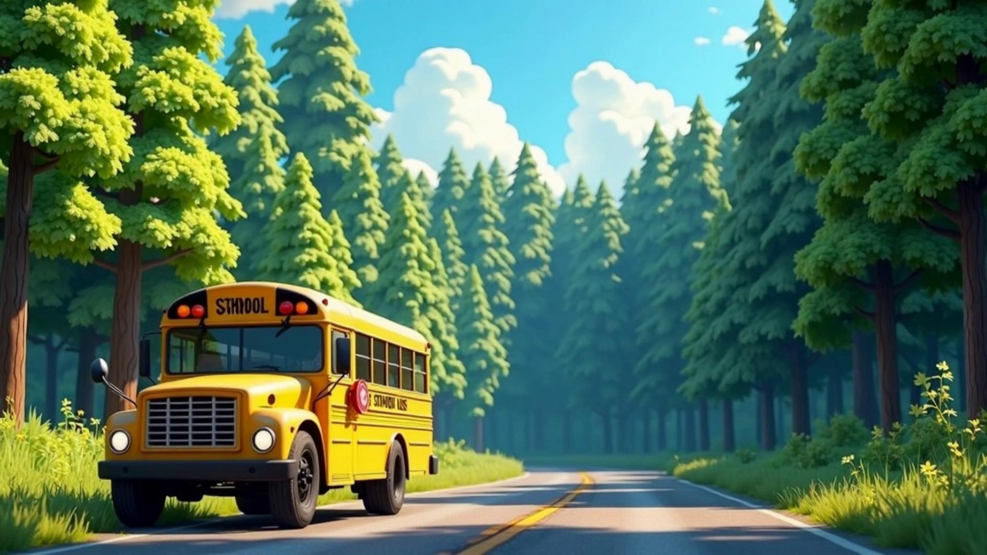 Prompt: Exterior, wide shot, bright morning sunlight, cinematic realism. A large, bright yellow American school bus is parked on a paved road next to a dense, vibrant green forest entrance. The forest looms large in the background, showing incredibly tall, thick trees creating an imposing wall of foliage under a clear blue sky. The atmosphere is cheerful and bright, suggesting the start of an exciting day trip. The lighting is sharp and high-key.