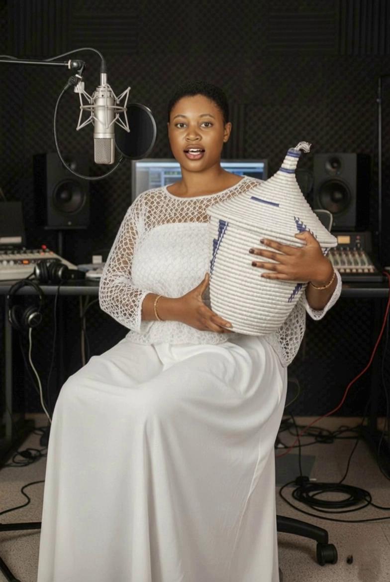 Prompt: La dame entrain de chanter devant le microphone de studio