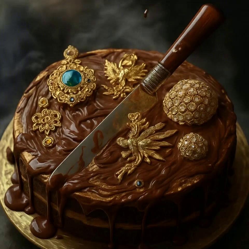 Prompt:  A surreal, dreamlike cake scene where jewelry melts like butter into rich chocolate spread on top of a decadent cake. The chocolate and precious metals swirl together in molten patterns of gold, silver, and cocoa. A knife rests dramatically on the cake, as if part of a ritual, glimmering with hints of chocolate and melted gems. The lighting is ethereal, creating a magical and artistic atmosphere.