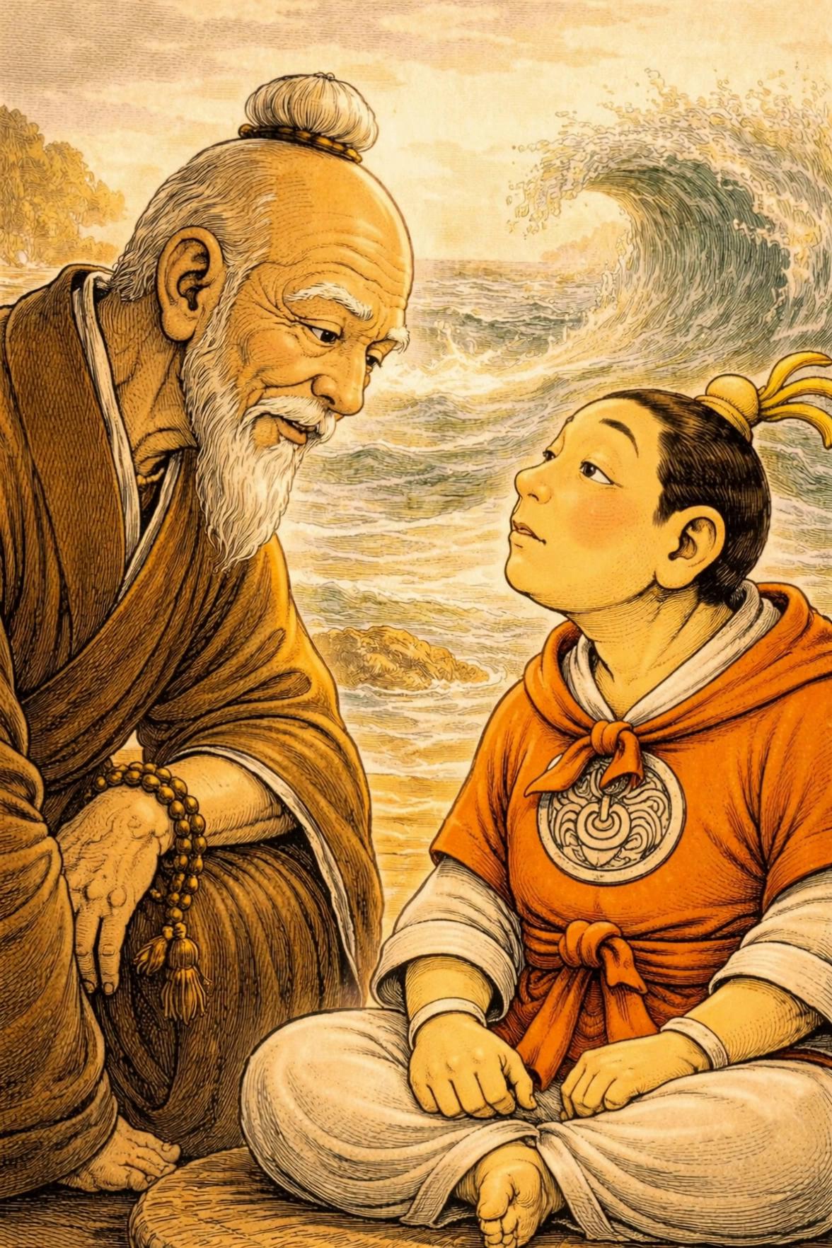 Prompt: waves flowing in the background, mystical 