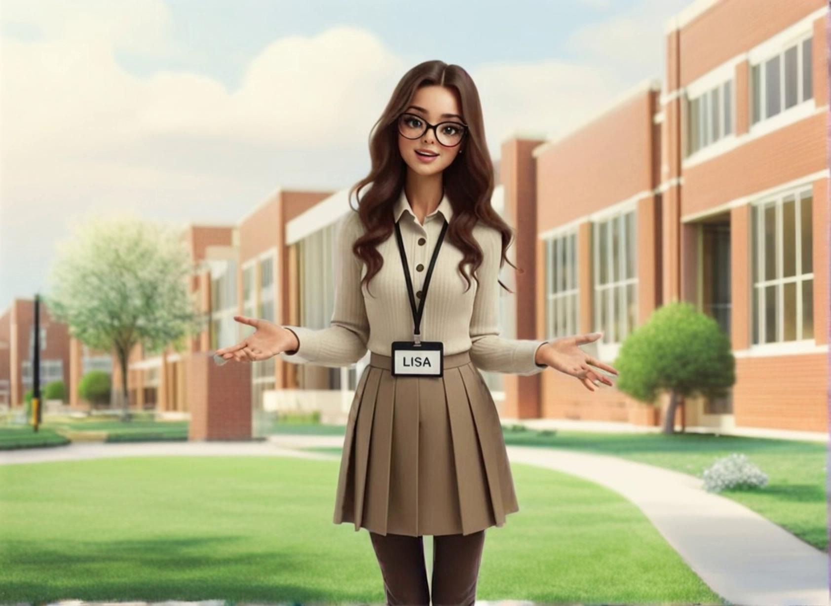 Prompt: background stays the same. Character moves hands slowly to heart and back to sides as she speaks