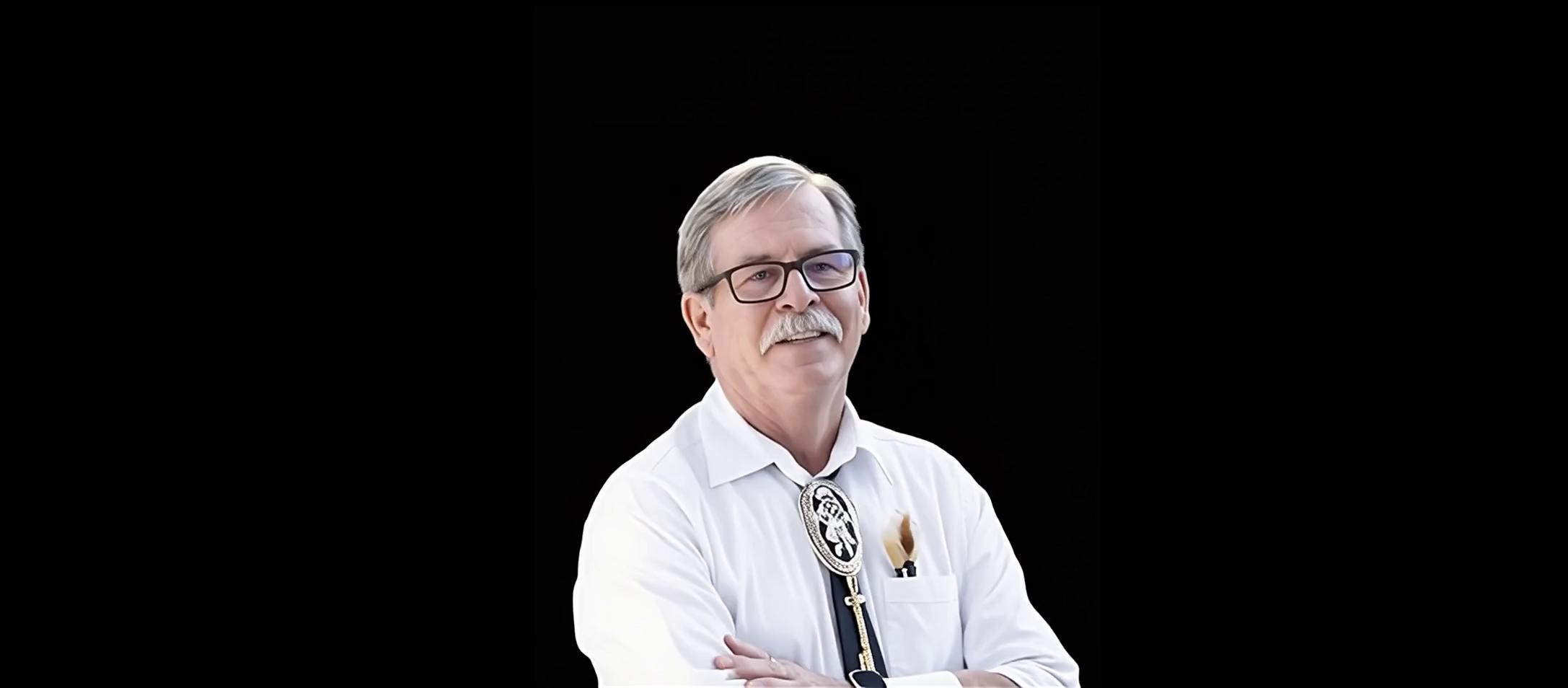 Prompt: Background is inside of a formal conference room. Character is standing behind a wooden podium with hands resting on podium speaking while moving his hands to his heart and back to sides of podium