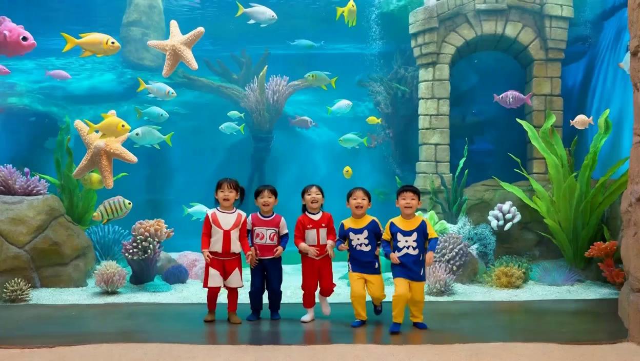 Prompt: generate a video with speech where few children's dancing into water  kingdom