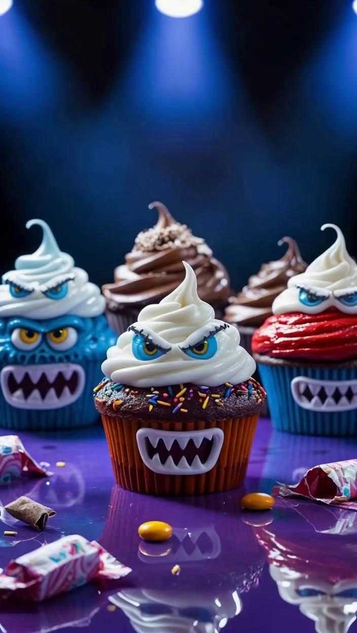 Prompt: Dynamic side-to-side camera shake as furious cupcakes jump, shout, and toss candy sprinkles across the glossy stage.