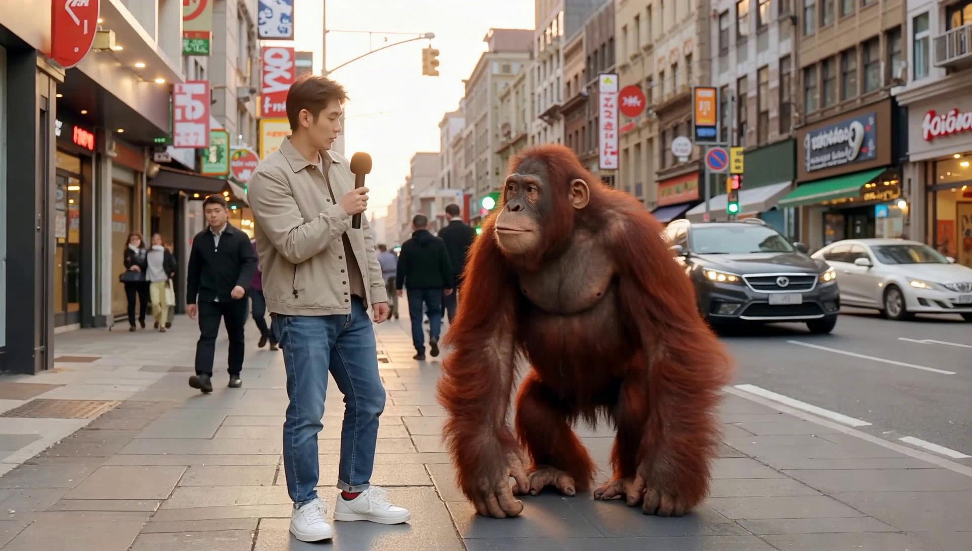 Prompt: On a lively city street during golden hour, a surreal yet cinematic moment unfolds as a young journalist in casual urban wear—slim-fit jeans, a light jacket, and sneakers—stands confidently with a microphone in hand, conducting a street interview with an orangutan. The orangutan, with rich reddish-brown fur catching the warm sunlight, expressive dark eyes, and long powerful arms resting at its sides, appears calm and attentive, as if fully engaged in the conversation. Behind them, the background bustles with blurred pedestrians, shopfronts glowing in the amber light, and the soft movement of cars passing, all rendered in photorealistic cinematic detail. The journalist leans slightly forward, extending the microphone, while the orangutan slowly tilts its head, blinking and moving naturally, with subtle hand gestures that give the illusion of thoughtful response. Captured first in a wide shot at eye-level to establish the surreal pairing, the camera then dolly-tracks inward to a medium shot, keeping both subjects centered with professional framing. Cinematic lighting enhances the scene, casting warm highlights and long shadows, wrapping the orangutan’s fur and the journalist’s features in a painterly glow. The audio world is alive with faint city sounds—distant chatter, footsteps, car engines—blended with the gentle rustle of the orangutan’s movements and the clear voice of the interviewer, without subtitles. The mood balances playful curiosity and cinematic gravitas, reinforced by a cohesive warm color palette of golden ambers, earthy browns, and muted grays. No subtitles, distortions, unrealistic proportions, flickering, or extra characters outside the described scene—just a photorealistic, 4K cinematic street interview that feels both whimsical and utterly believable.