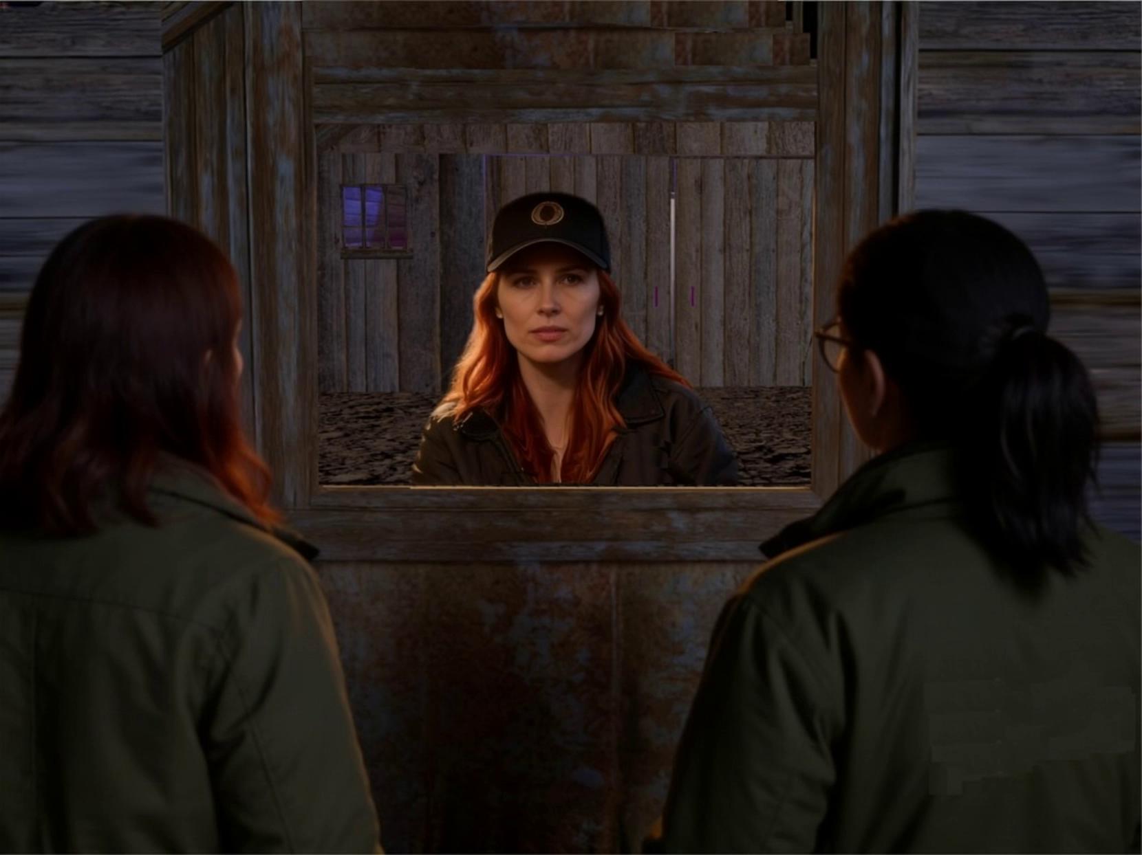 Prompt: The woman wearing the eye glasses reaches out and opens the door while the woman with the red hair shakes her head. Create a wide screen, lifelike and photorealistic scene with vivid colour. Maintain exact facial resemblance. Sharp focus.