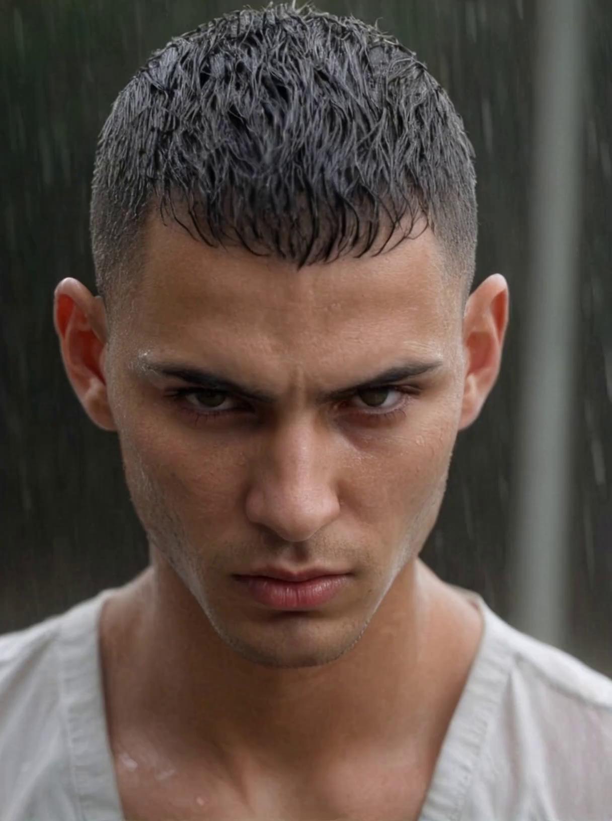 Prompt: The man is standing in the rain, staring intensely ahead, while the rain continues to rain hard.