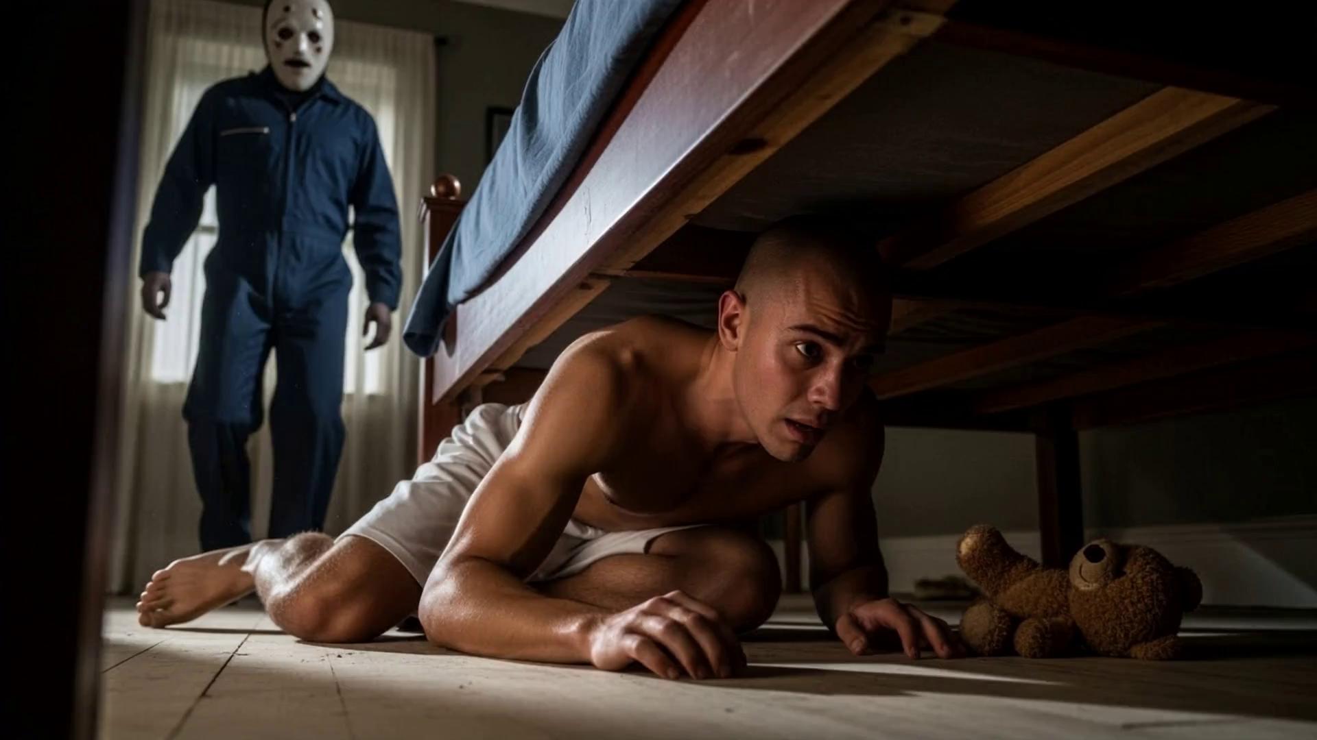 Prompt: A terrified young man completely crawls under his bed on a wooden floor, clutching a teddy bear, eyes wide with fear. A shadowy figure in dark clothing standing in the shadows looking towards him, the dark figure is barely  visible in the dark room. Moon Lightning causes flickers through a  window, casting harsh shadows. The boy breathes heavily and is  trembling, 
Shot on ARRI ALEXA 65, ultra cinematic, large format sensor, shallow depth of field, natural soft lighting, IMAX resolution, high dynamic range, filmic texture, fuji film color tones, tense horror atmosphere, subtle haze, slow camera push-in." 1080 resolution, 
