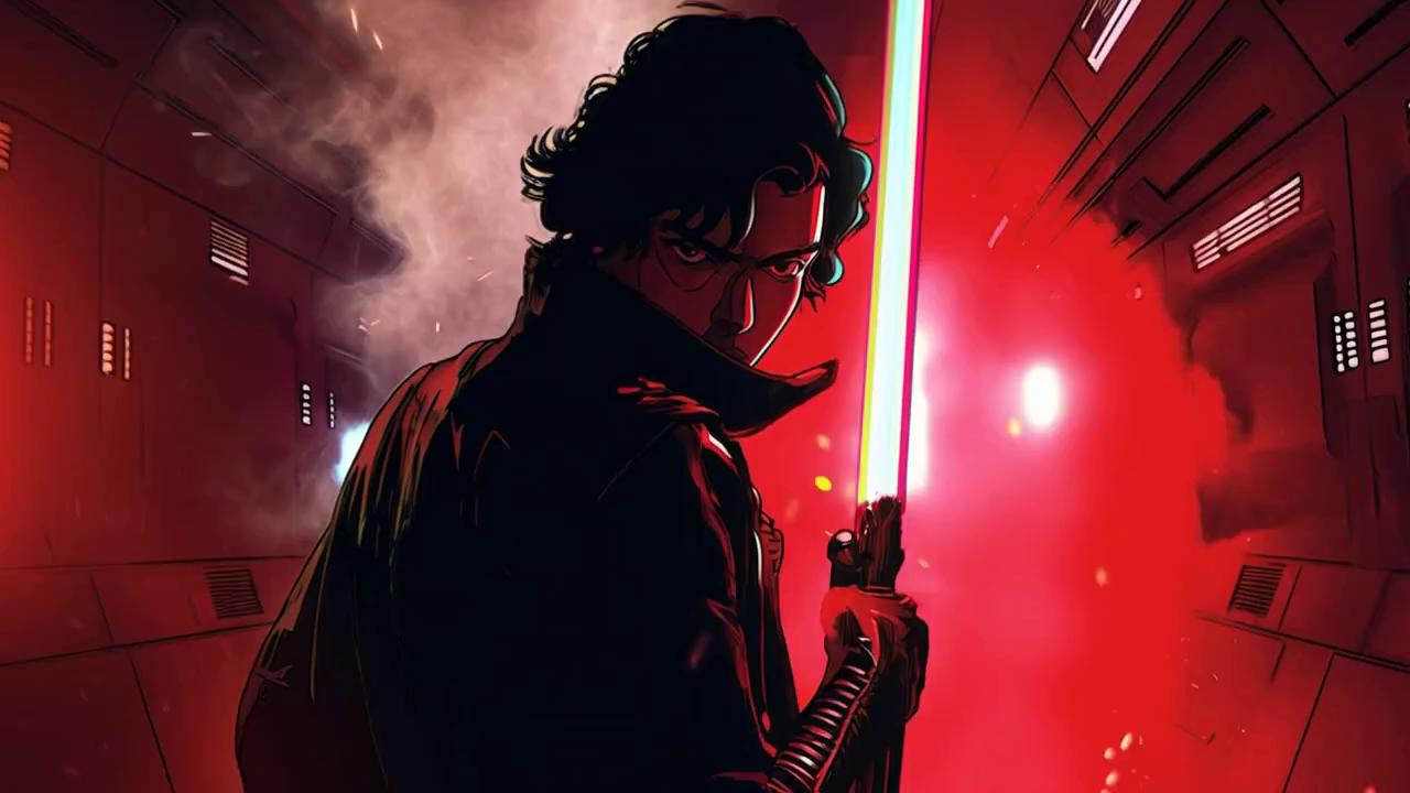 Prompt: character in an action scene, swing his lightsaber at camera, stepping forward towards camera, camera is pulling back