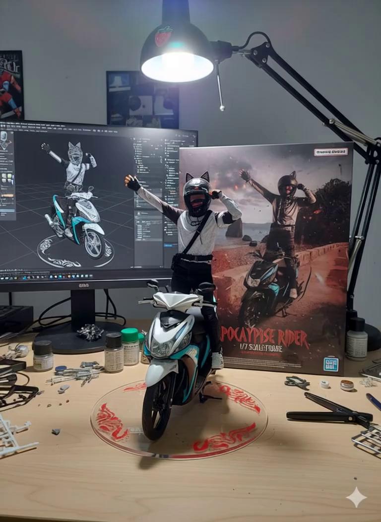 Prompt: 
 •Prompt - Two hands gently pick up the figure in the frame and rotate it slightly for inspection. The model on the computer screen and the model printed on the packaging box remain stationary, while all other background elements stay unchanged.