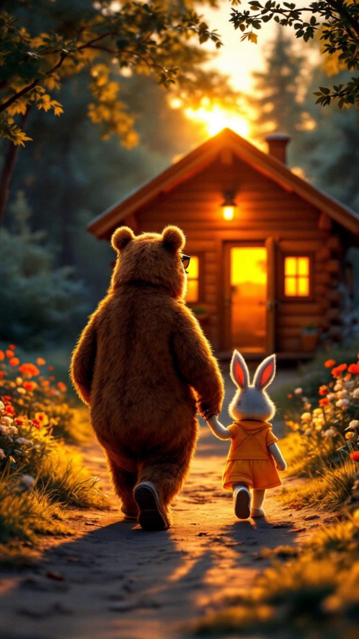 Prompt: A friendly bear and a cheerful bunny, both wearing light summer clothes, are walking forward toward the entrance of their cozy wooden cabin, just about to step inside. They are seen from behind, walking up the front steps side by side, with the warm glow of the interior lights spilling out from the open door. The sky is painted in soft sunset tones, casting a golden hue over the scene. Flowers bloom around the porch, and a gentle breeze moves through the trees. The atmosphere is cinematic, peaceful, and full of storytelling charm — a perfect moment of homecoming and quiet joy.