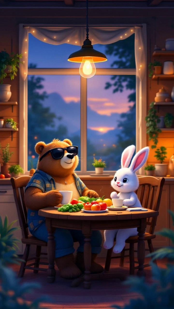 Prompt: A friendly bear and a cheerful bunny step into their cozy wooden home after a long day. Wearing light summer clothes, they smile as they walk into the warmly lit kitchen and sit down at a rustic wooden table. The table is set with fresh vegetables, fruits, and warm homemade food, along with steaming cups of tea. Soft golden light glows from overhead lamps and a window that shows the fading light of sunset. As they begin to eat and talk happily, their expressions show deep friendship and comfort. The atmosphere is peaceful, heartwarming, and cinematic, full of rich textures and storybook charm.
