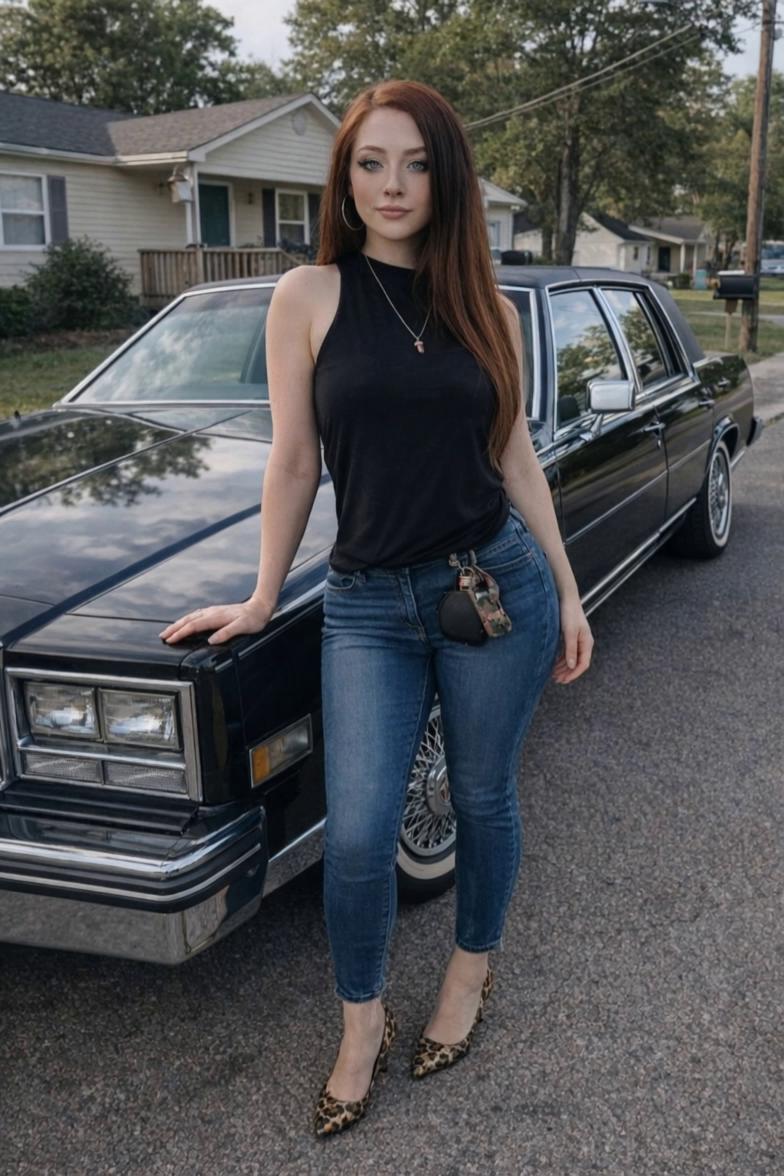 Prompt: She is standing there and tells you "Look at the classic I bought." The camera cuts to the interior as she gets in. She then reaches for the ignition on the steering column as twists the key to start the car, but it does not start. Then the camera cuts to the footwell as she frantically pumps the gas pedal (the right most pedal) with her right foot. The camera cuts back to the interior as she twists the key again to start the car, but it still does not start. You see the concern look on her face as she says "It just ran fine here."   
