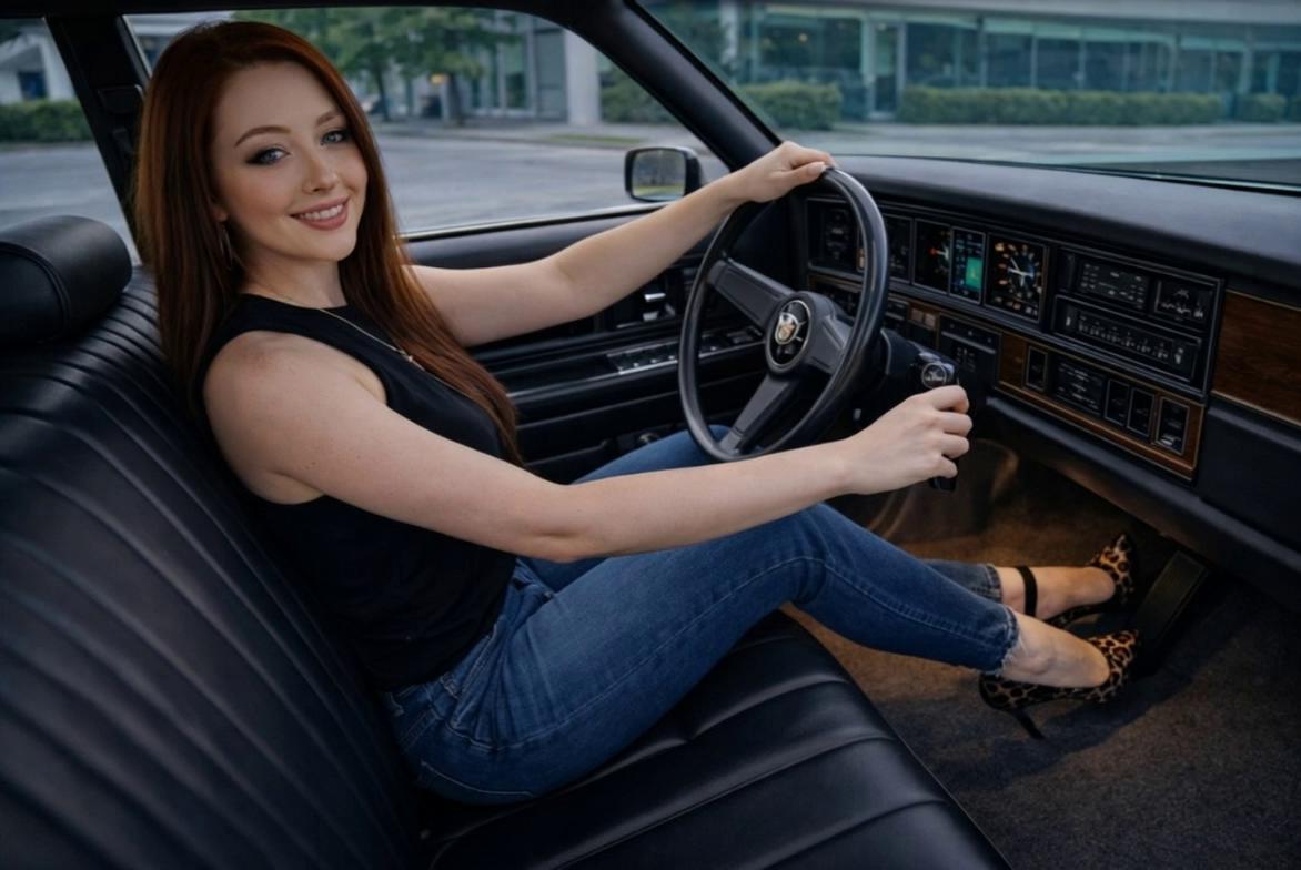 Prompt: She tells you "don't worry I'll get it started. The camera cuts to the footwell and she calmly pumps the gas pedal (the right most pedal) with her right foot a couple of times. Then the camera cuts to the steering column as she twist the key. After the brief battle with the car, she got it started. The camera cuts to the interior and you see her smile, as she shifts to drive and drive off. 