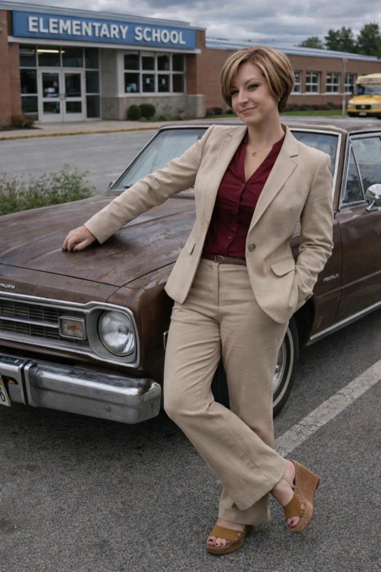 Prompt: She is standing there and says "I'm glad the school year is over." as she walks to the driver's side to get in. The camera cuts to the interior as you see her get it the car. You see her take an exhale and she reaches for the key on the steering column to twist the key to start the clunker. It does not start, and then the camera cuts to the footwell as you see her pumping the gas pedal (the right most pedal) vigorously try to get the car to start. The camera cuts back to the interior as she put her head in the steering wheel and says "Why!"