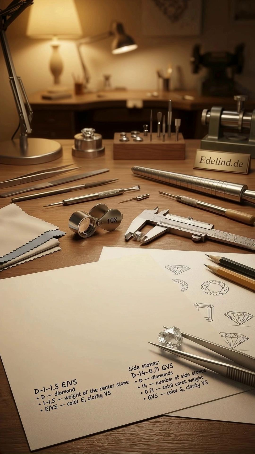 Prompt: Use the uploaded image as the exact visual reference.
Keep the same composition, camera angle, lighting, and environment.

The camera is completely static.

A blank sheet of paper lies on the jeweler’s workbench.
A pencil is touching the surface of the paper.

The pencil slowly begins to move,
leaving thin graphite lines behind it.

A technical jewelry sketch of an engagement ring gradually appears:
– first the overall ring outline
– then the emerald-cut center stone setting
– then the band structure and side stones

The drawing appears line by line,
as in real professional hand drawing.

The pencil movement is slow, precise, and controlled.
No sudden motion.

Mood: concentration, beginning of creation.
Documentary craftsmanship style.
High realism.
