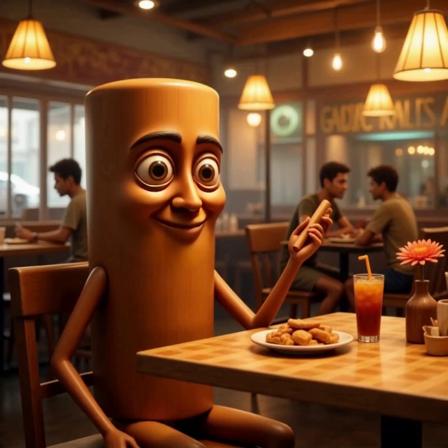 Prompt: @Tung Tung Tung Sahur gets handed hhis order of hot dogs and his soda, he starts to drink, cinematic quality