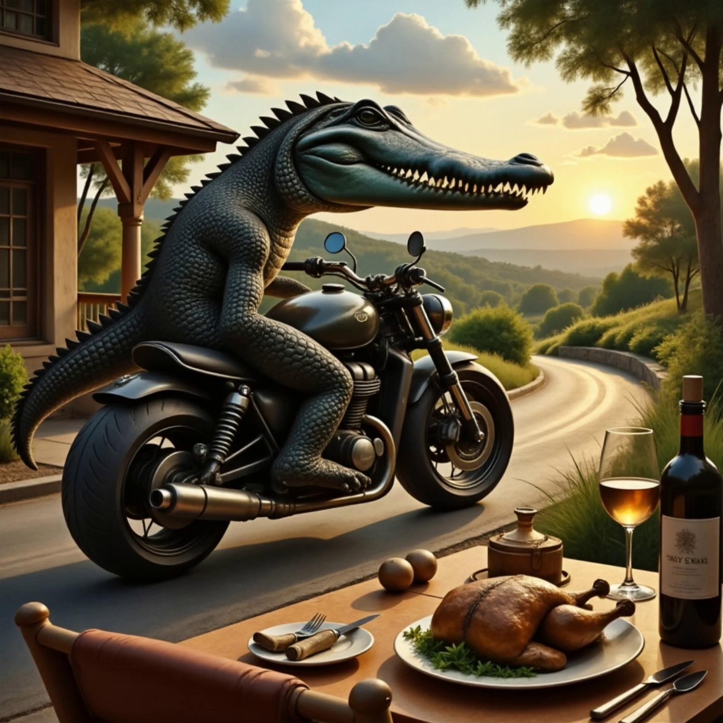 Prompt: Crocodile riding the bike ! In thunderstorms , and then after reaching home have wine and eat chicken 