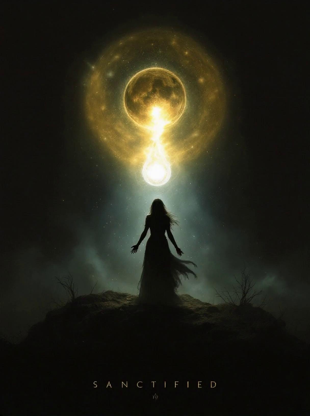 Prompt: THE WOMAN LIFTS UP HER ARMS, the ring around the sphere rotates