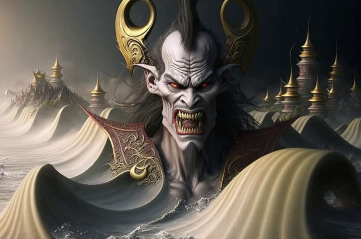 Prompt: Dark horror cinematic. A demonic warlord with pale skin, glowing red eyes, and golden horned armor rises from stormy waves. Camera pans quickly toward his snarling face as his mouth opens. He lets out a thunderous, disgusting burp — lips trembling, spit strings stretching, saliva drooling in thick ropes down his chin. Ultra-realistic, grotesque detail, drool glistening, horror lighting, 8K.