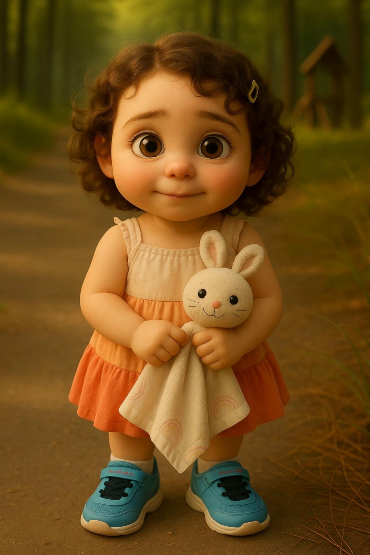 Prompt: A hyper-realistic 3D animation of a joyful toddler girl on a forest path during golden hour. She has big, excited brown eyes and curly chestnut hair with a small green hairclip on the left side. She wears a peach-to-orange tiered sundress and bright turquoise Skechers-style sneakers. In her hands, she tightly holds a soft cream bunny blanket with rainbow trim. She looks directly at the camera and says with heartfelt enthusiasm, “I love you mommy and daddy! Can we go to cousin’s house today? Please, please?” Her voice is filled with innocent excitement and playful charm. After saying the line, she starts bouncing up and down in place with joy, her curls bouncing slightly, her arms holding her bunny blanket tight against her chest as she hops. The warm sunlight filters through the trees behind her, casting dappled shadows on the path. Camera stays at eye level, capturing her facial expressions and movement with cinematic lighting and shallow depth of field.
