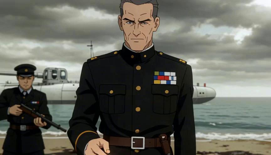 Prompt: Тяжелая мрачная музыка. Небольшая бухта, темная маслянистая вода, желто-серое небо, на пляже мусор. В 300 метрах от берегоа длинная белая подводная лодка с большой рубкой, по бокам от рубки 2 мощных орудия повернуты на берег, на камеру. . На берегу группа моряков в черном, c короткими винтовками, с ними очень высокий офицер, с кортиком, с длинным жестким лицом и крючковатым носом. Держит в руках зажженую зажигалку, Включает, выключает, злобно улыбается. Моряки оркужили связанного солдаа в камуфляже в надписью на спине Легион и несколько связанных туземцев. 