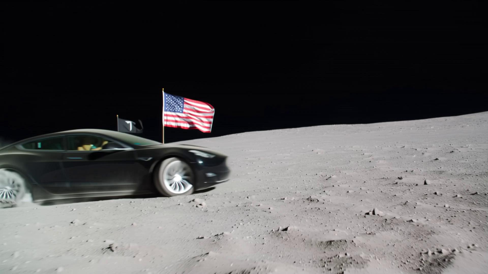Prompt: depict a Tesla car doing  burnouts on the  moon, going past the american flag with a Tesla flag next to it

