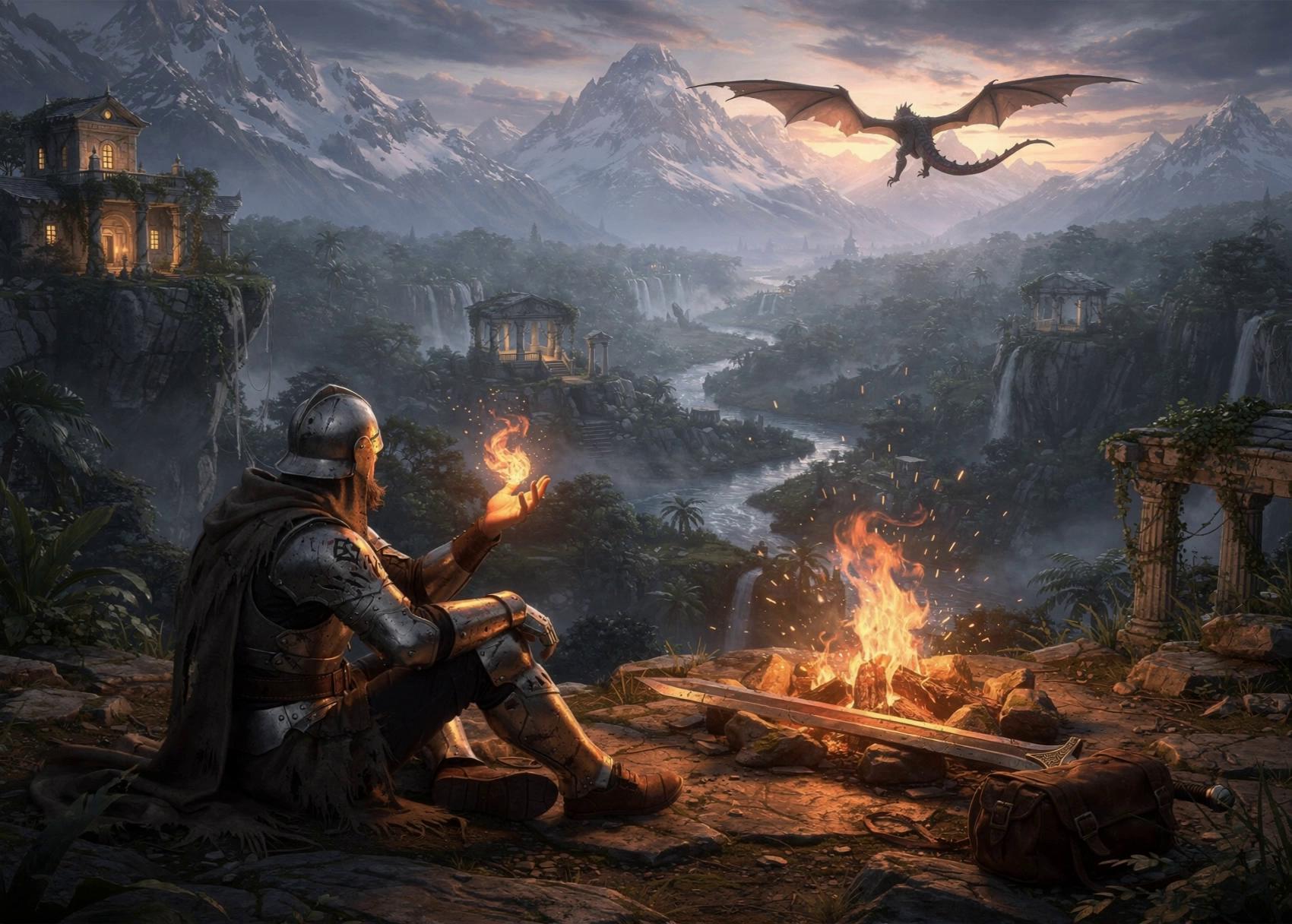 Prompt: the dragon is flying through the valley from time to time, clouds are moving slowly and rays of sunset are coming through, flames are weavering and sparks are flying over and the fire is cracking. the mist is slowly moving over the river and the flock of birds is flying through the valley also. the knight is resting his body in a relaxing way