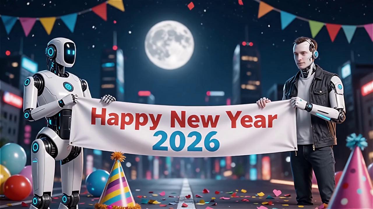 Prompt: An AI robot and a human each hold up one side of a banner that says Happy New Year 2026 In a hyper realistic cyberpunk style. The background is set to a city under the starry moonlit night with confetti and party hats love and laughter
