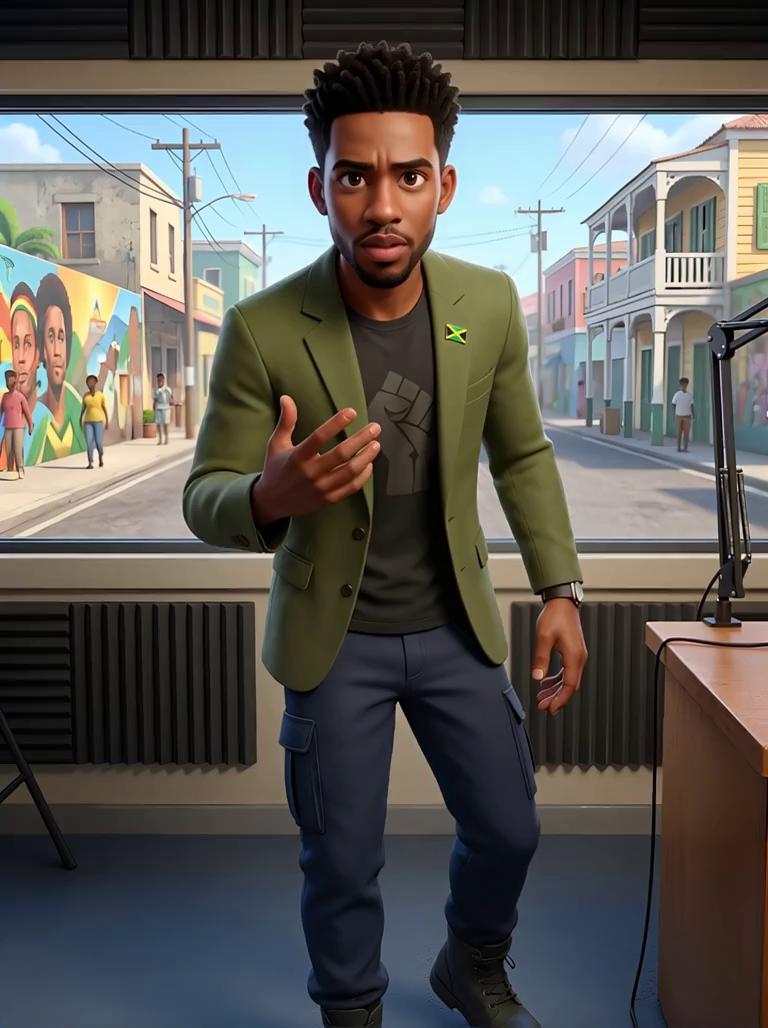 Prompt: The podcast room is softly lit with warm, cinematic lighting. Background elements include acoustic panels, a microphone on a boom arm, headphones on the table, and subtle Jamaican cultural accents without being distracting. The environment feels intimate, serious, and intellectual — designed for political discussion and real-life social issues.

The character speaks calmly but firmly, as if addressing the public about politics, cost of living, crime, and everyday struggles. His delivery suggests a blend of formal English with Jamaican Patois influence. Camera remains mostly static with slight natural motion — gentle head movements, blinking, and realistic breathing. Depth of field is shallow, keeping focus on the speaker while the background remains softly blurred.

Video style: realistic, documentary podcast aesthetic, cinematic lighting, high detail, natural motion, serious political commentary tone.