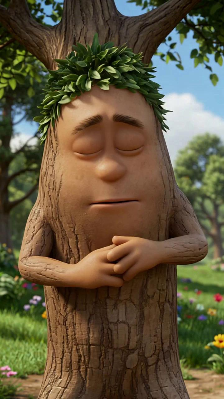 Prompt: Create a 3-minute animated cartoon video about saving trees.
The main character is a cute, smiling tree with big eyes, flexible arms, and legs. The tree performs funny dance moves, silly jumps, spins, moonwalks, and playful expressions.
Scene 1 (0–40 sec): The tree wakes up in a green forest, stretches, yawns, and dances happily while birds clap and animals laugh.
Scene 2 (40–90 sec): A cartoon human tries to cut the tree, but the tree dodges the axe using funny moves like jumping, sliding, break-dancing, and shaking leaves dramatically. The human slips and falls harmlessly in a humorous way.
Scene 3 (90–140 sec): The tree teaches other trees and kids fun dance moves, forming a dancing forest. Flowers pop up, bees dance, clouds smile.
Scene 4 (140–180 sec): Big colorful text appears: “SAVE TREES, SAVE LIFE” while the tree does a final silly dance pose, thumbs up, and a wink.
Mood is joyful, funny, educational, and positive.
No violence. Friendly comedy.
Background music is upbeat and playful.