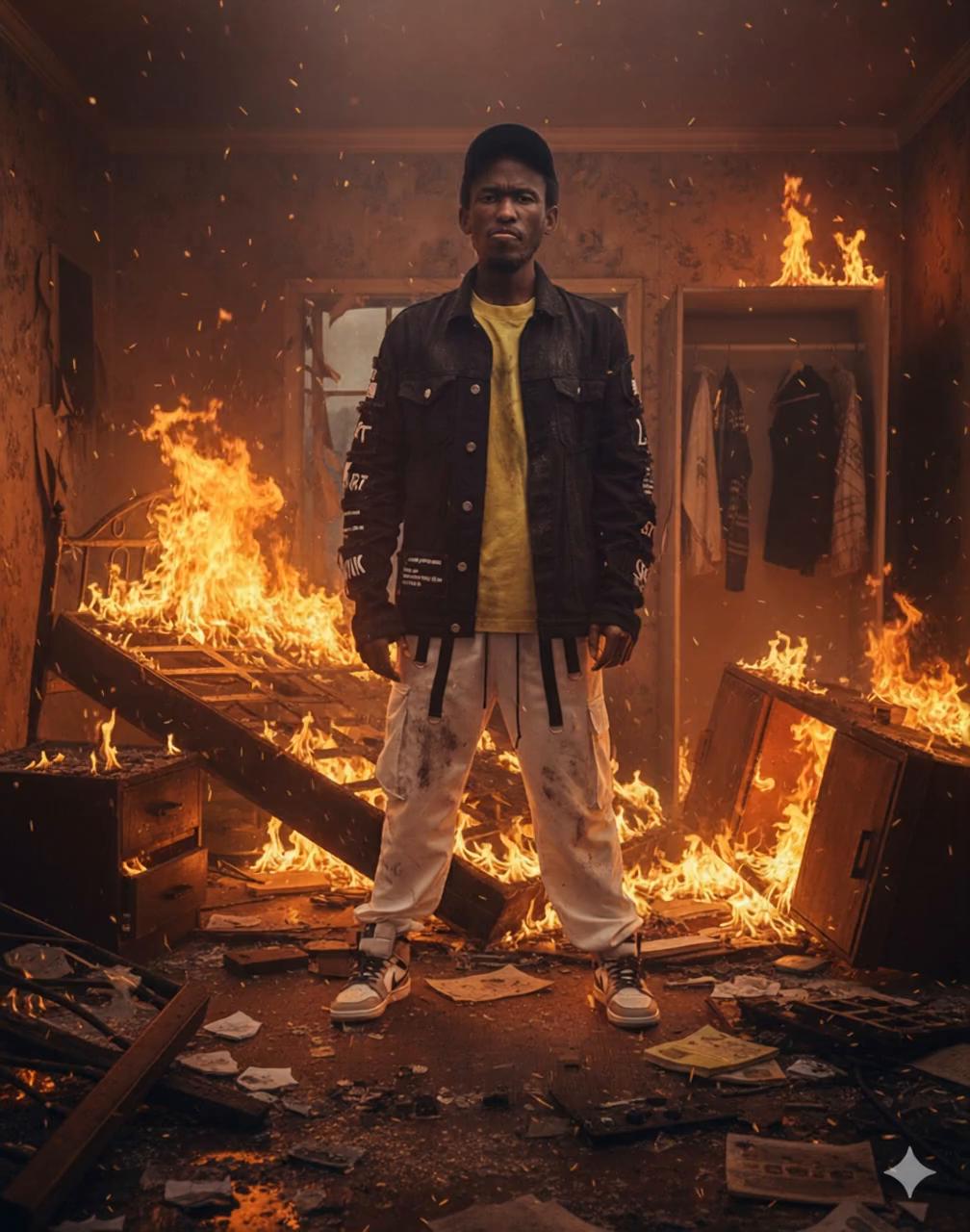 Prompt: Gnererate video of the room burning around the subject while he is standing in the room looking unfazed. Simulate real fire movement with realistic fire emission on the subject and around the room. Make the shot look cinematic. Add subtle movement on the subject's clothes like its being blown subtle by wind or fire. Keep color and lighting consistent. Use high quality textures. Have the character standing in the same position. Camera slowly pulls back away from him.